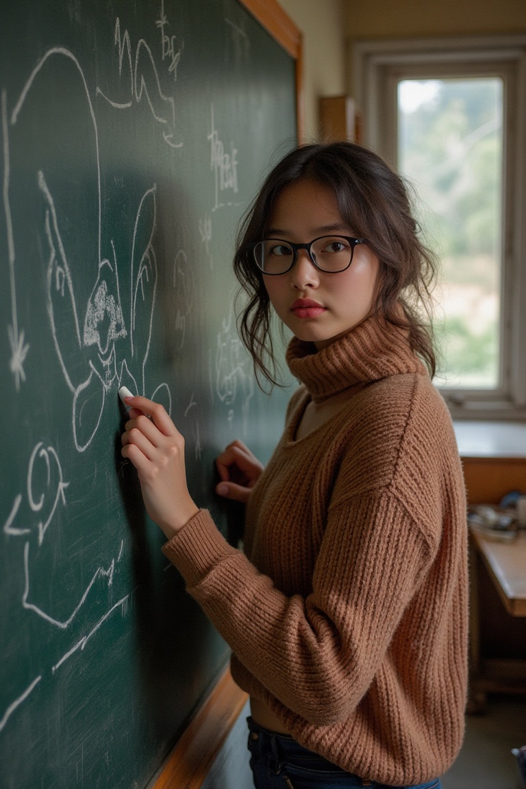 A fresh-faced geeky female teacher stands confidently in front of a worn blackboard,  chalk in hand as she draw a doodle....