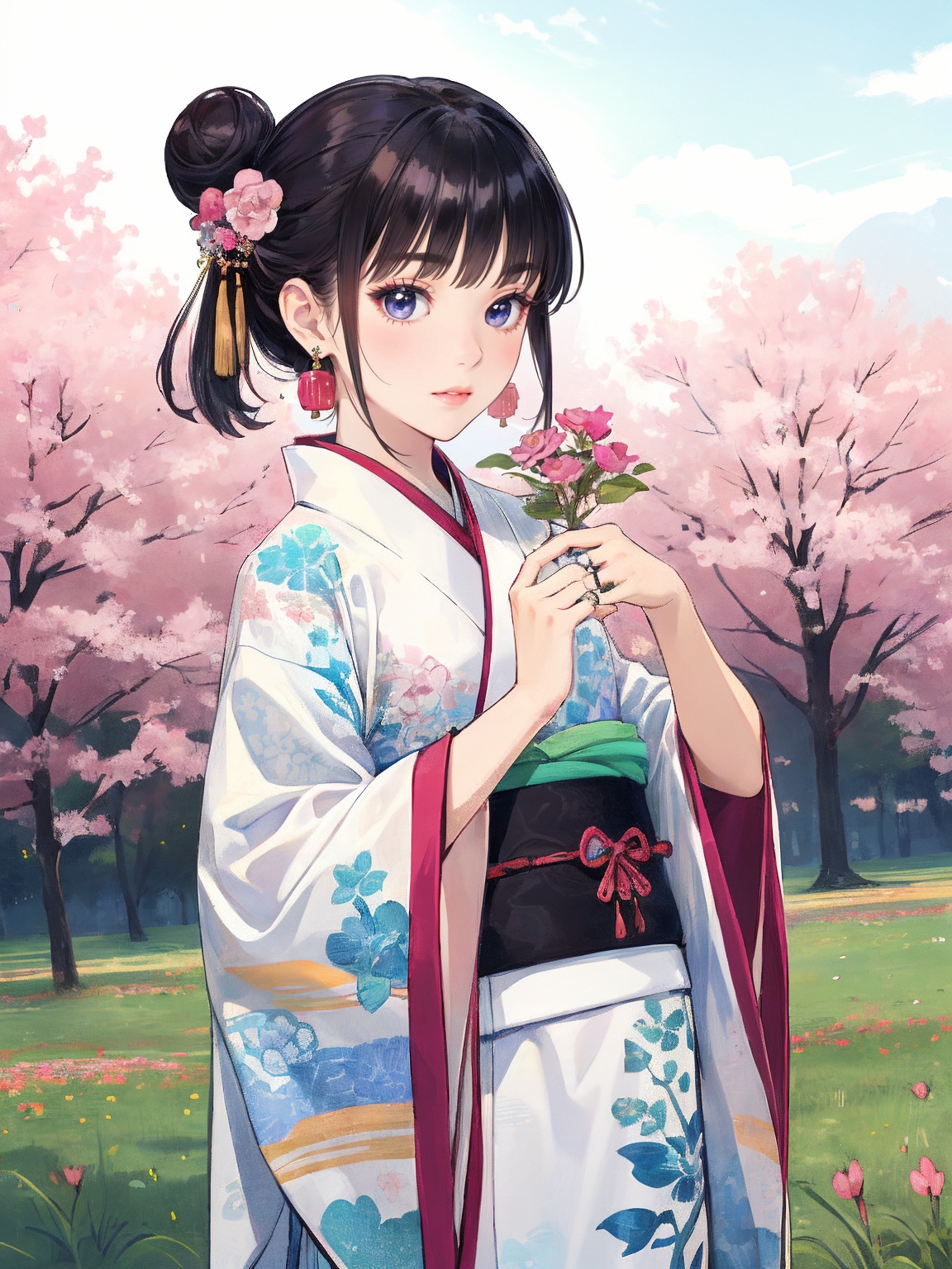 solo,  a young Asian woman,  dressed in a white kimono on Tensor.Art