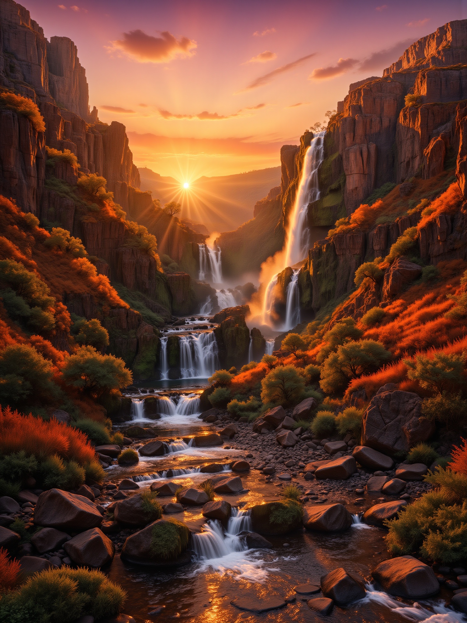 A breathtakingly vivid sunset over a majestic canyon,  the golden hues of the sky reflecting off the cascading waterfall b...