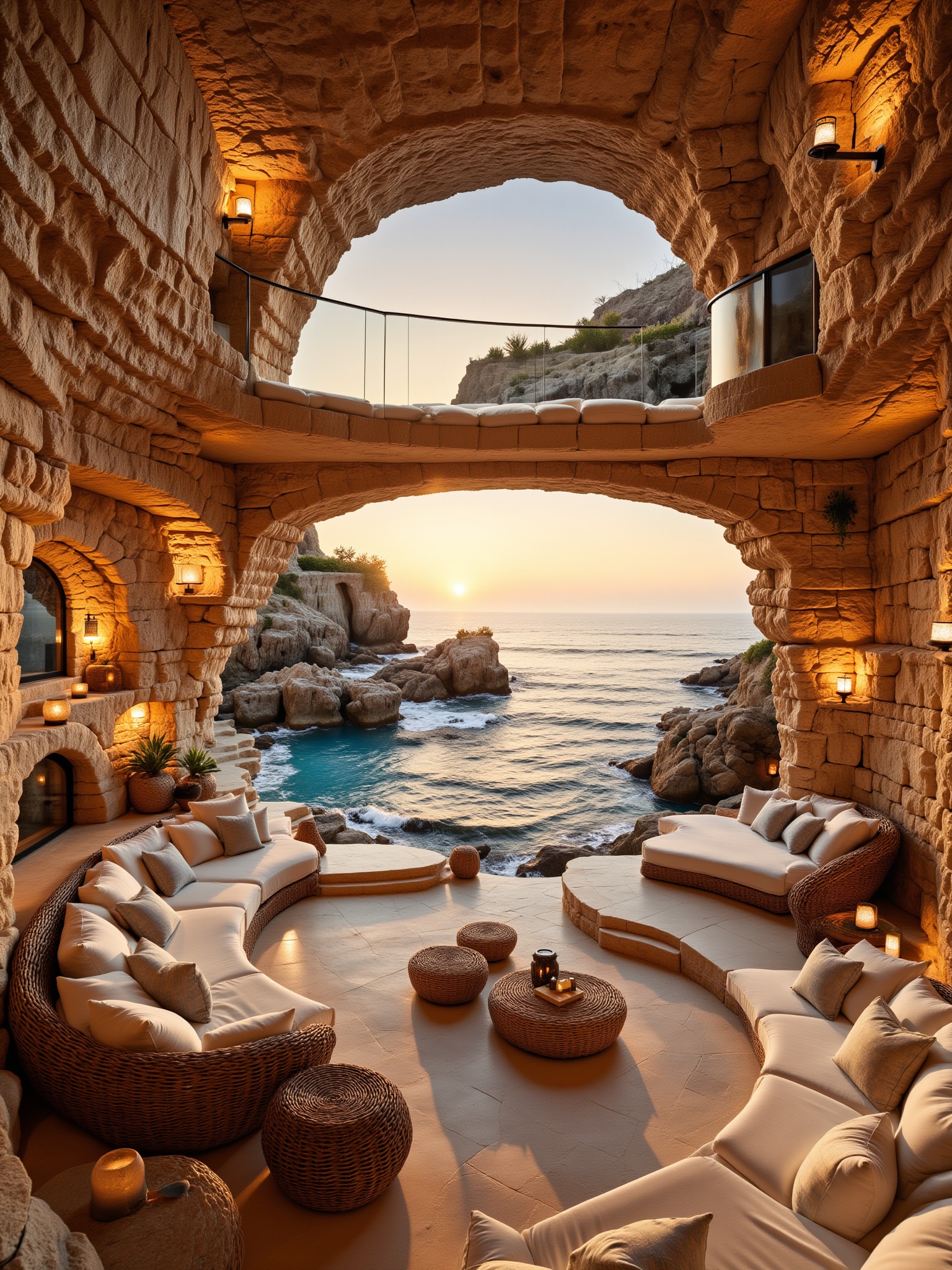 In this seaside cave retreat,  soft golden light of sunrise filters through rocky archways,  illuminating plush on Tensor.Art