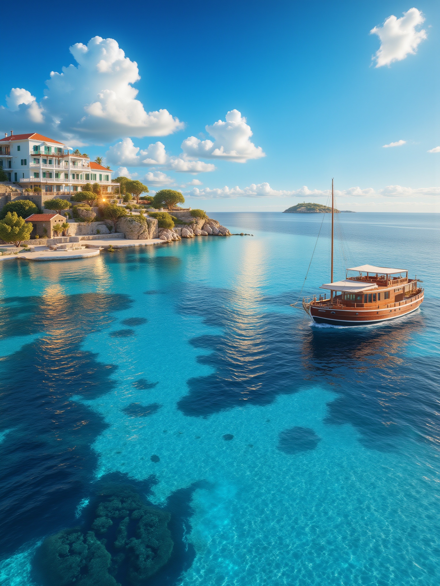 brilliant blue sky with puffy white clouds,  majestic boat,  intricately detailed building on Tensor.Art