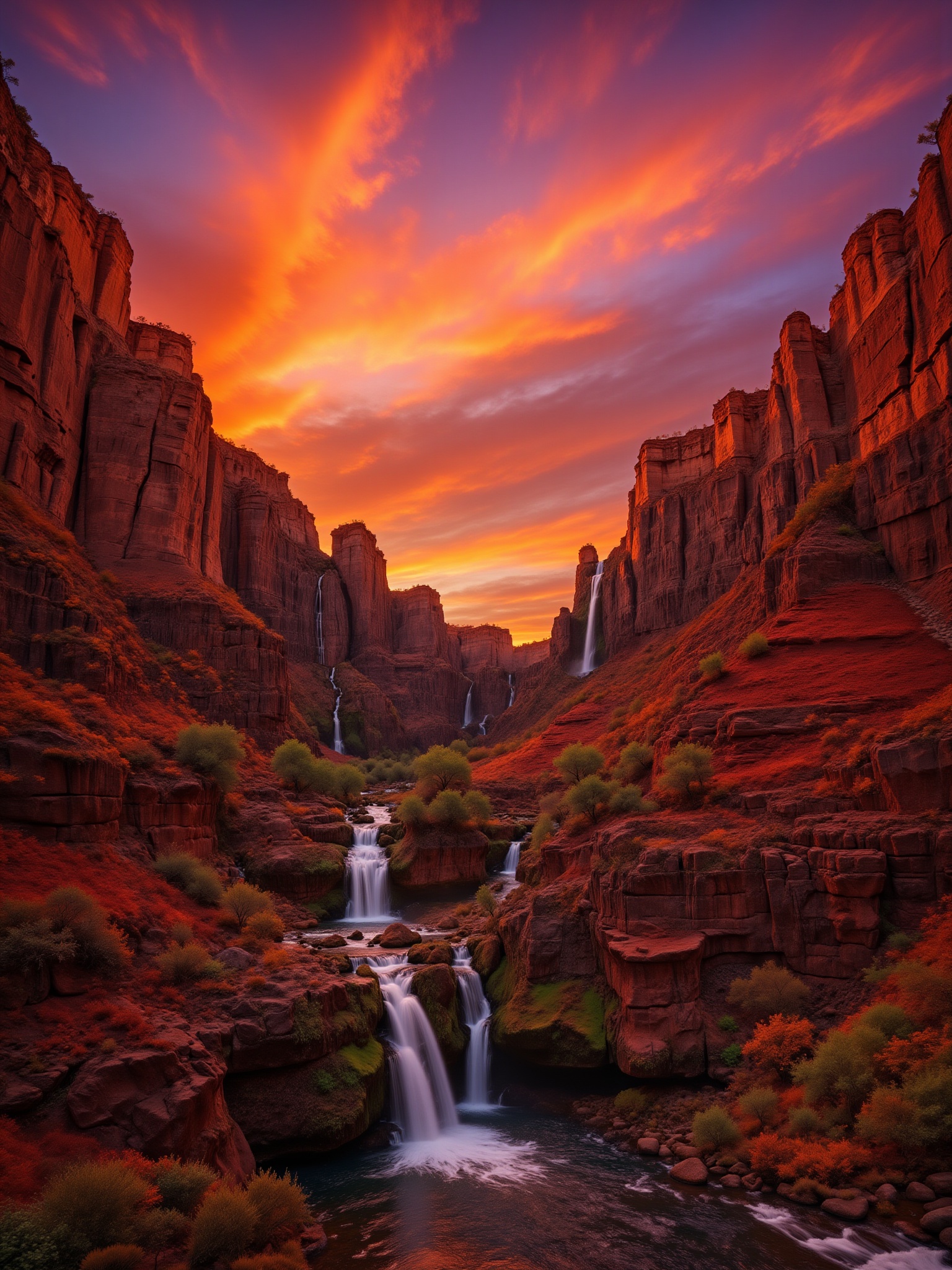 At the core of a rugged,  timeless canyon,  a mighty waterfall cascades into a deep on Tensor.Art