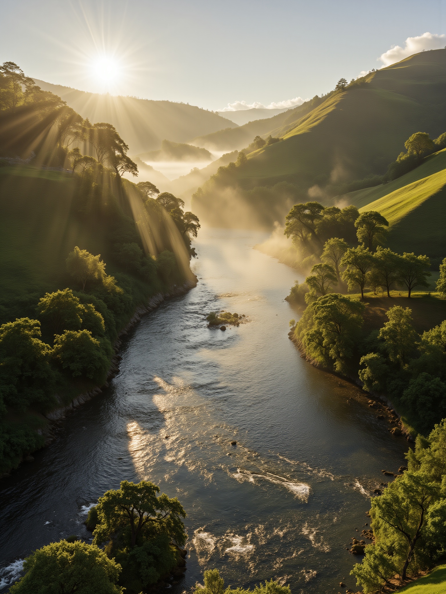 A serene river meanders through a lush valley surrounded by rolling hills,  its gentle flow creating a soothing melody as...