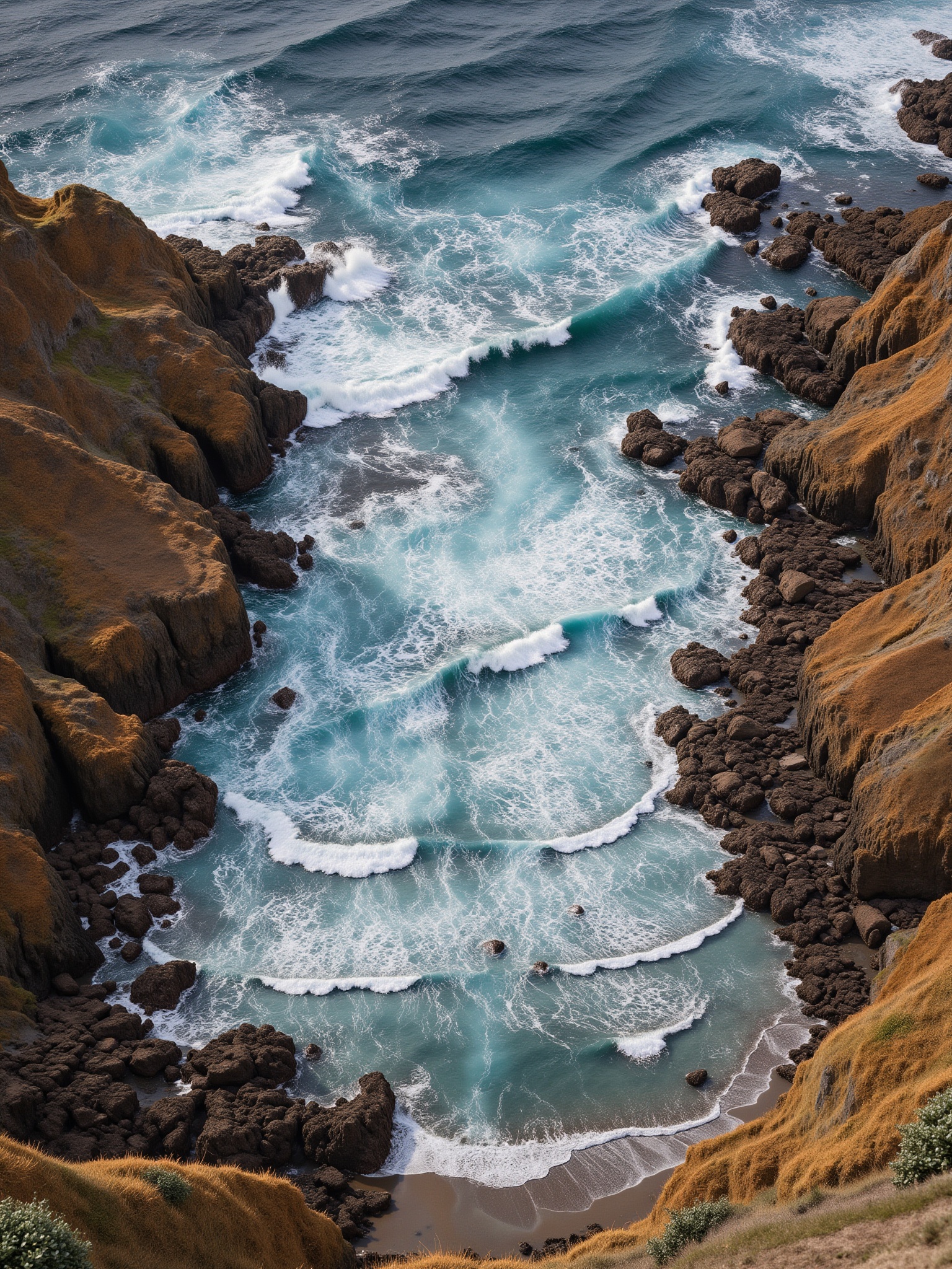 A majestic coastal scene unfolds: towering hills meet turbulent waves in a dynamic display of natural forces. Framed by ru...