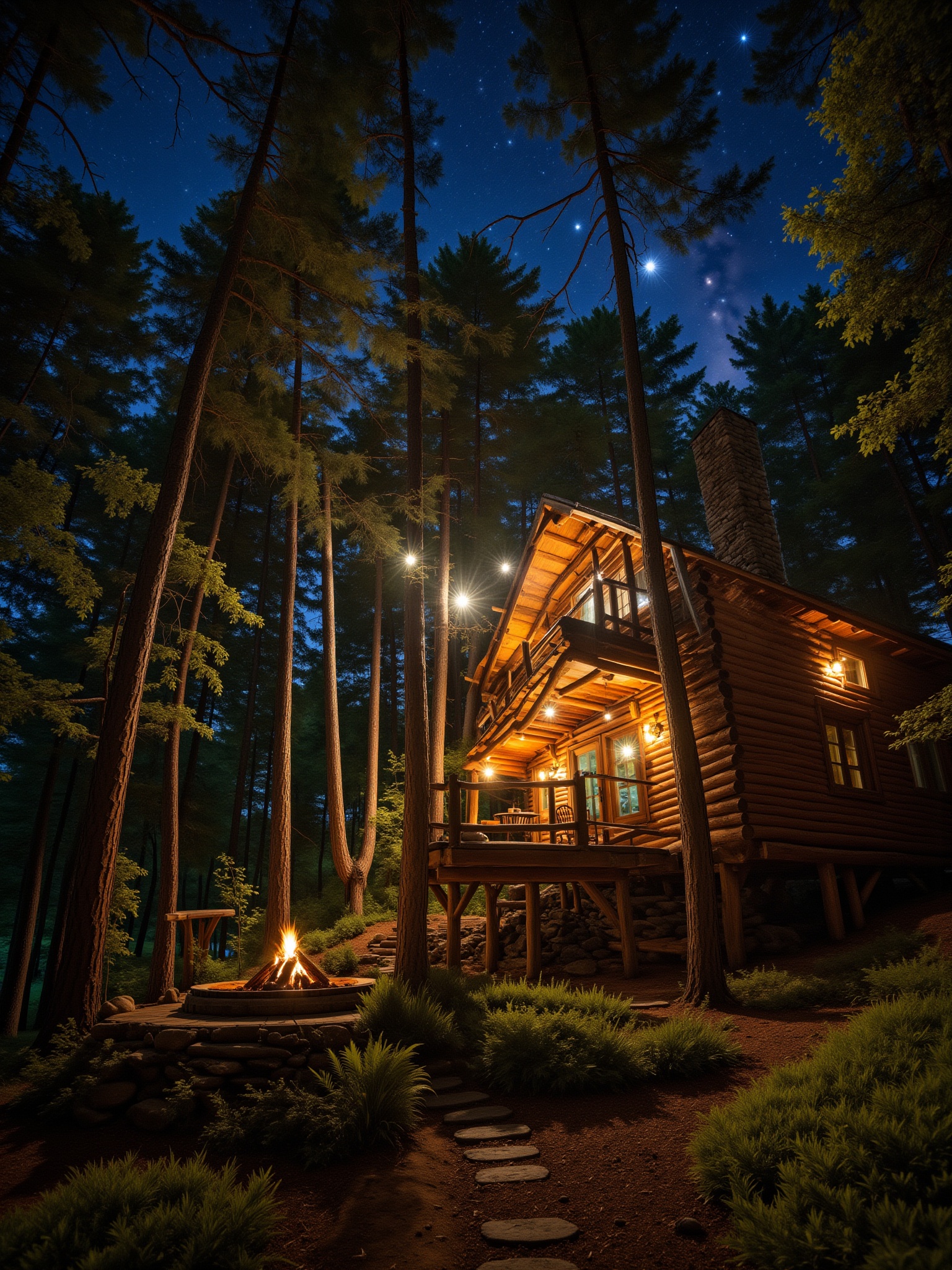 A whimsical wooden treehouse nestles among the towering pine trees,  its rustic charm blending seamlessly into the serene...