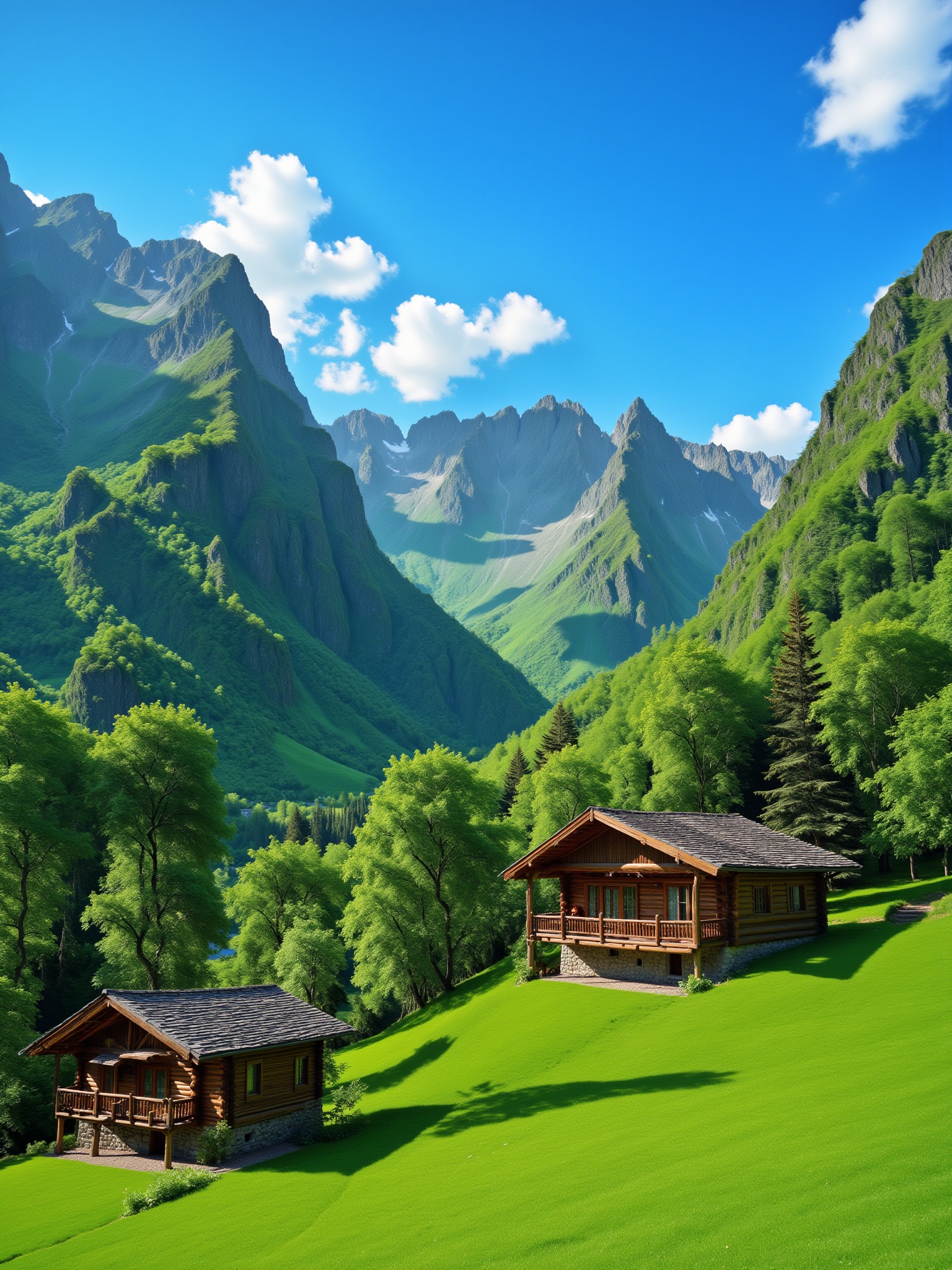 A picturesque mountain scene reaching towards the heavens,  featuring lush green mountains and a cozy wooden cabin. Captur...