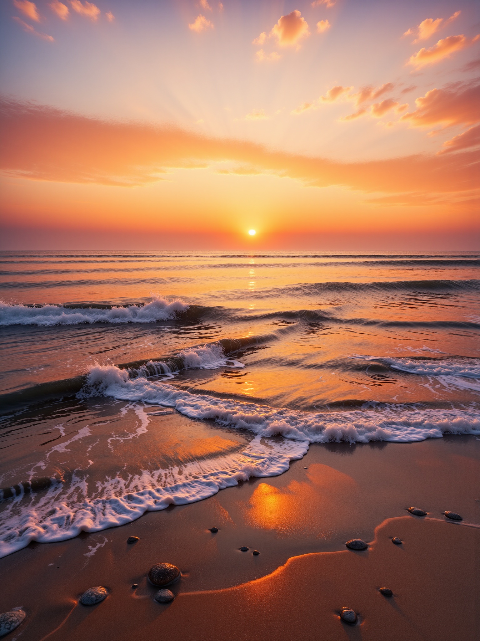 As the sun rises over the tranquil beach,  a high-quality camera captures the scene in stunning detail. The soft light ill...