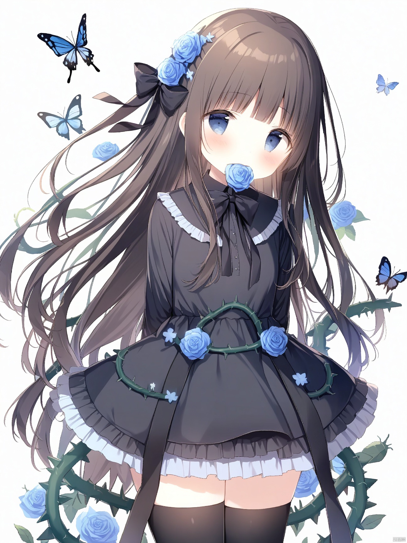1girl, solo, long hair, looking at viewer, blush, bangs, blue eyes, skirt, simple background, brown hair, shirt, black hair, hair ornament, thighhighs, long sleeves, white background, dress, bow, ribbon, very long hair, closed mouth, flower, cowboy shot, frills, black thighhighs, hair flower, blunt bangs, bowtie, zettai ryouiki, black shirt, black bow, rose, mouth hold, arms behind back, frilled dress, bug, plant, butterfly, blue flower, blue rose, vines, thorns
