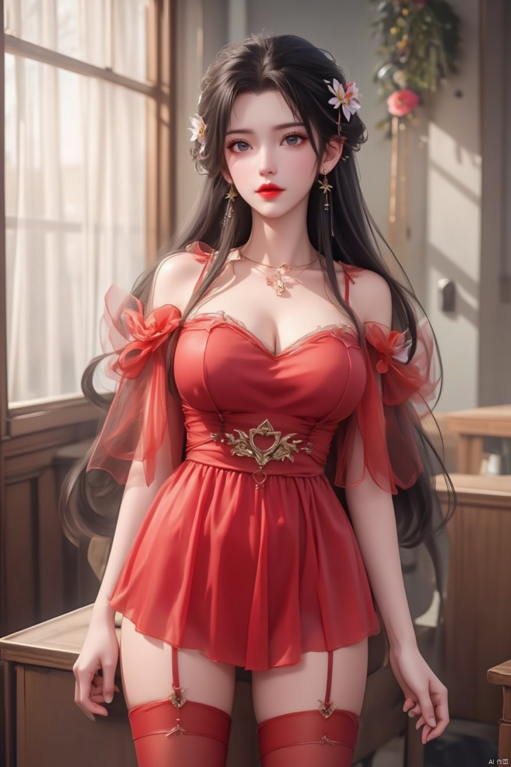 1girl, solo, long hair, breasts, looking at viewer, black hair, hair ornament, thighhighs, dress, jewelry, flower, earrings, indoors, hair flower, window, garter straps, red dress, red lips, red thighhighs