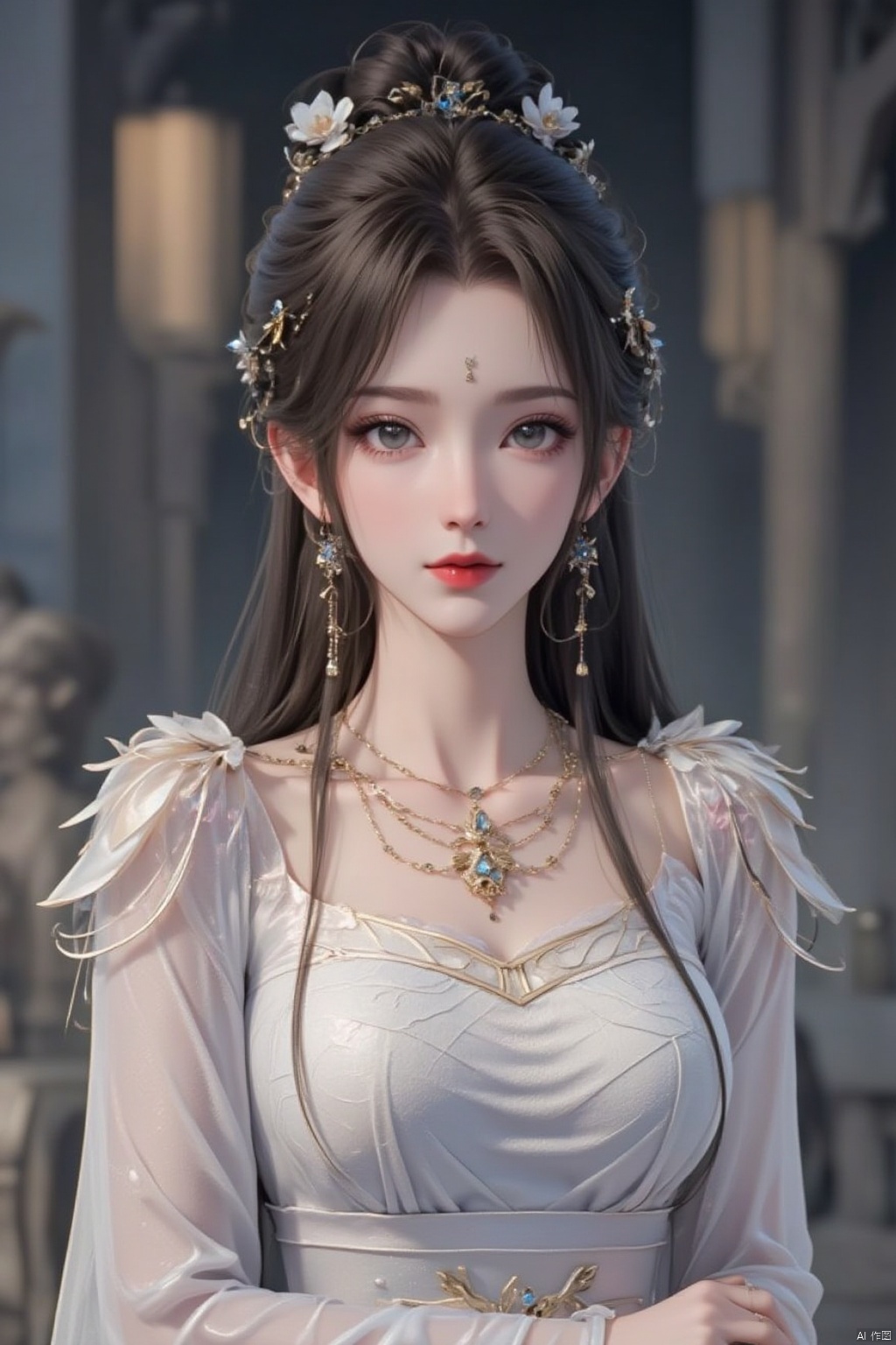 1girl, solo, looking at viewer, blue eyes, brown hair, black hair, hair ornament, long sleeves, dress, holding, jewelry, upper body, flower, earrings, necklace, hair bun, blurry, blurry background, chinese clothes, single hair bun, hanfu