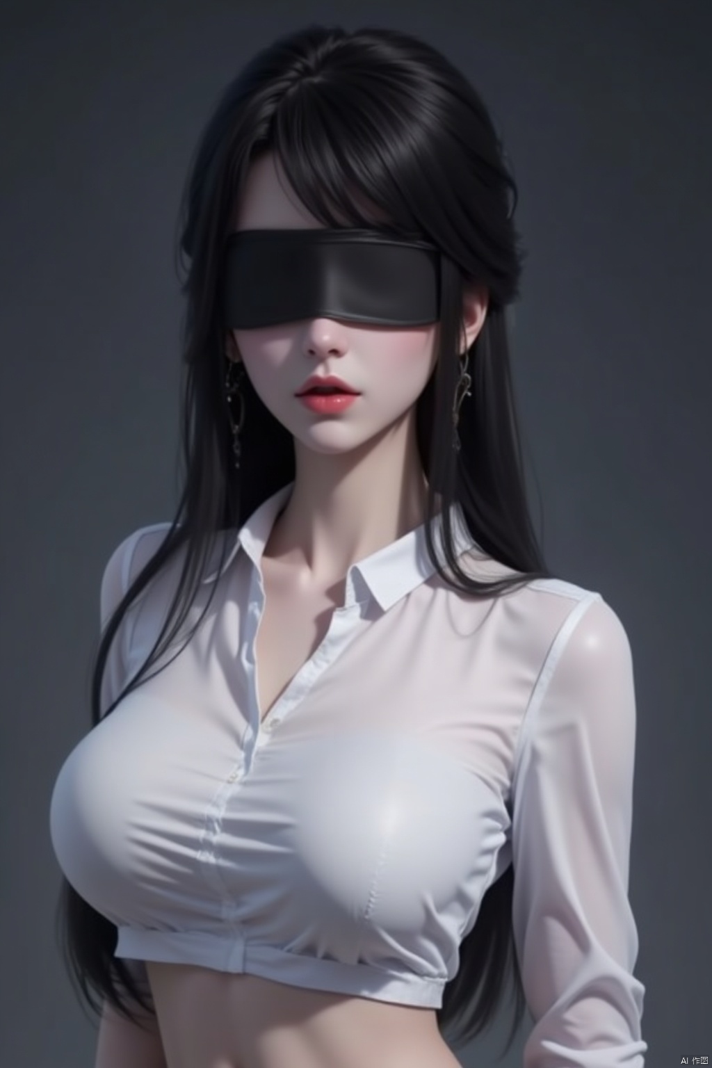 1girl, solo, long hair, breasts, shirt, black hair, white shirt, upper body, short sleeves, midriff, lips, crop top, shadow, t-shirt, facing viewer, blindfold,qfl,