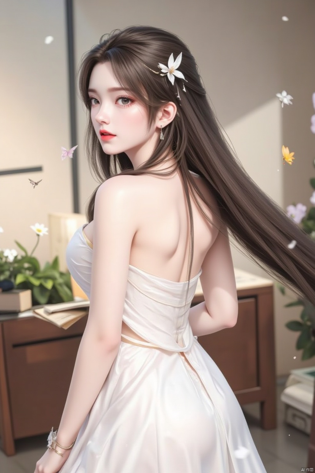 1girl, solo, long hair, breasts, looking at viewer, brown hair, black hair, hair ornament, dress, bare shoulders, standing, full body, flower, looking back, indoors, hair flower, white dress, book, window, strapless, bug, plant, white flower, butterfly, strapless dress, wedding dress, backless outfit, skirt hold, long dress, butterfly hair ornament, red lips