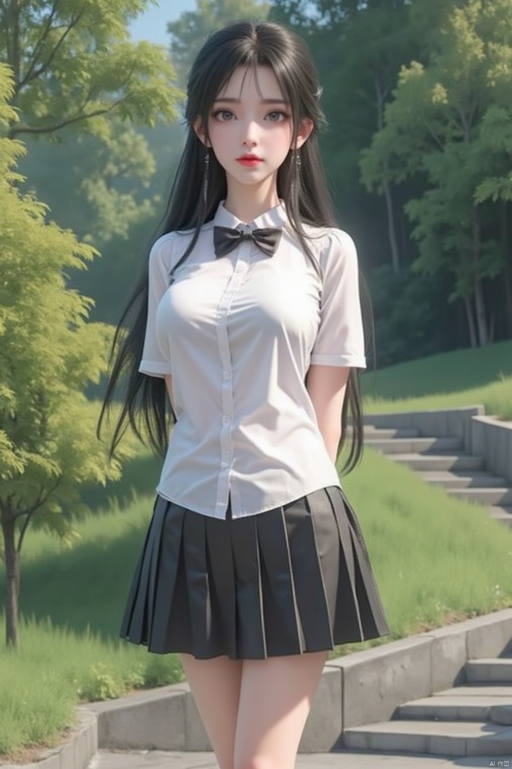 1girl, solo, long hair, breasts, looking at viewer, bangs, skirt, shirt, black hair, bow, school uniform, standing, white shirt, short sleeves, pleated skirt, earrings, outdoors, day, socks, collared shirt, bowtie, black skirt, tree, parted bangs, black bow, feet out of frame, arms behind back, sunlight, grass, black bowtie, stairs, red lips, shirt tucked in