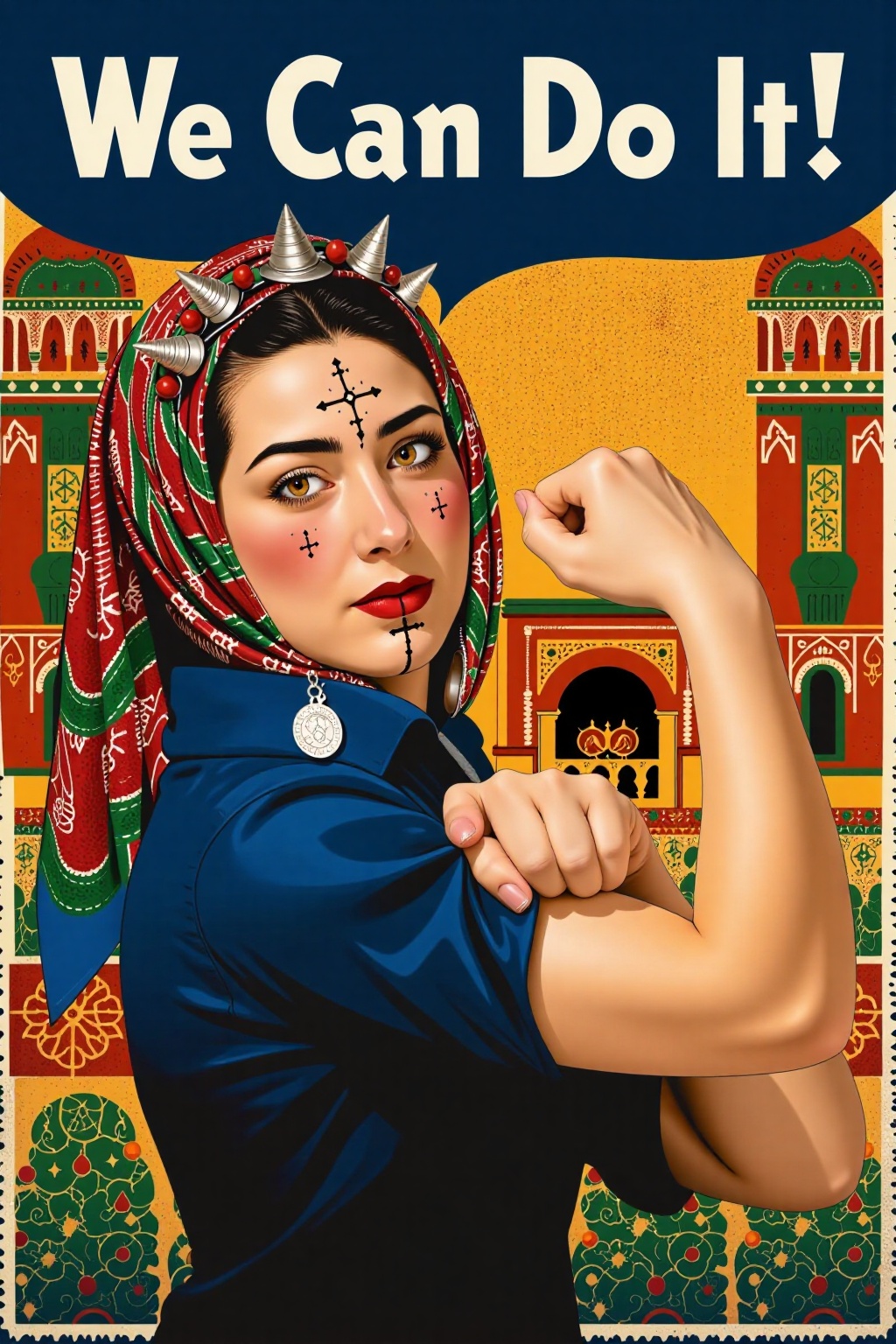 Moroccan version of "We Can Do It!" poster. The woman in the image is depicted flexing her arm to show strength. She wears...