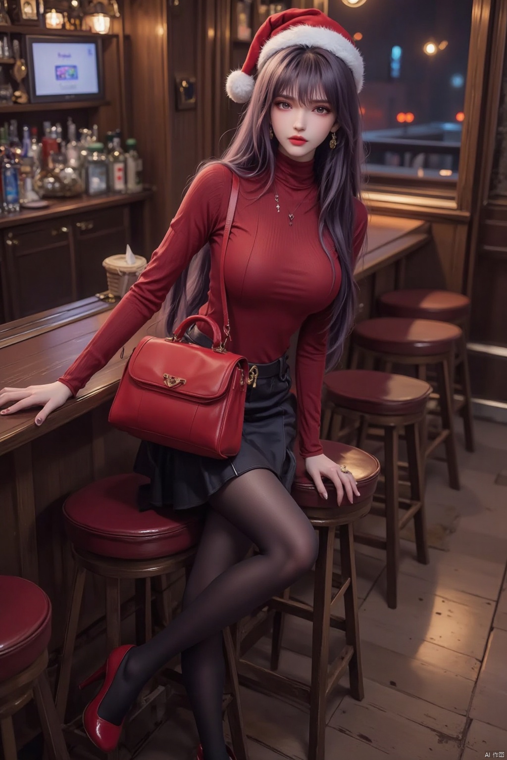 1girl, solo, long hair, breasts, looking at viewer, skirt, brown hair, shirt, long sleeves, hat, brown eyes, jewelry, medium breasts, sitting, full body, earrings, indoors, black skirt, bag, high heels, lips, legs, red footwear, red shirt, red headwear, santa hat, pencil skirt, handbag, realistic, nose, red lips, stool, bar \(place\), counter, bar stool,Black stockings,purple hair
