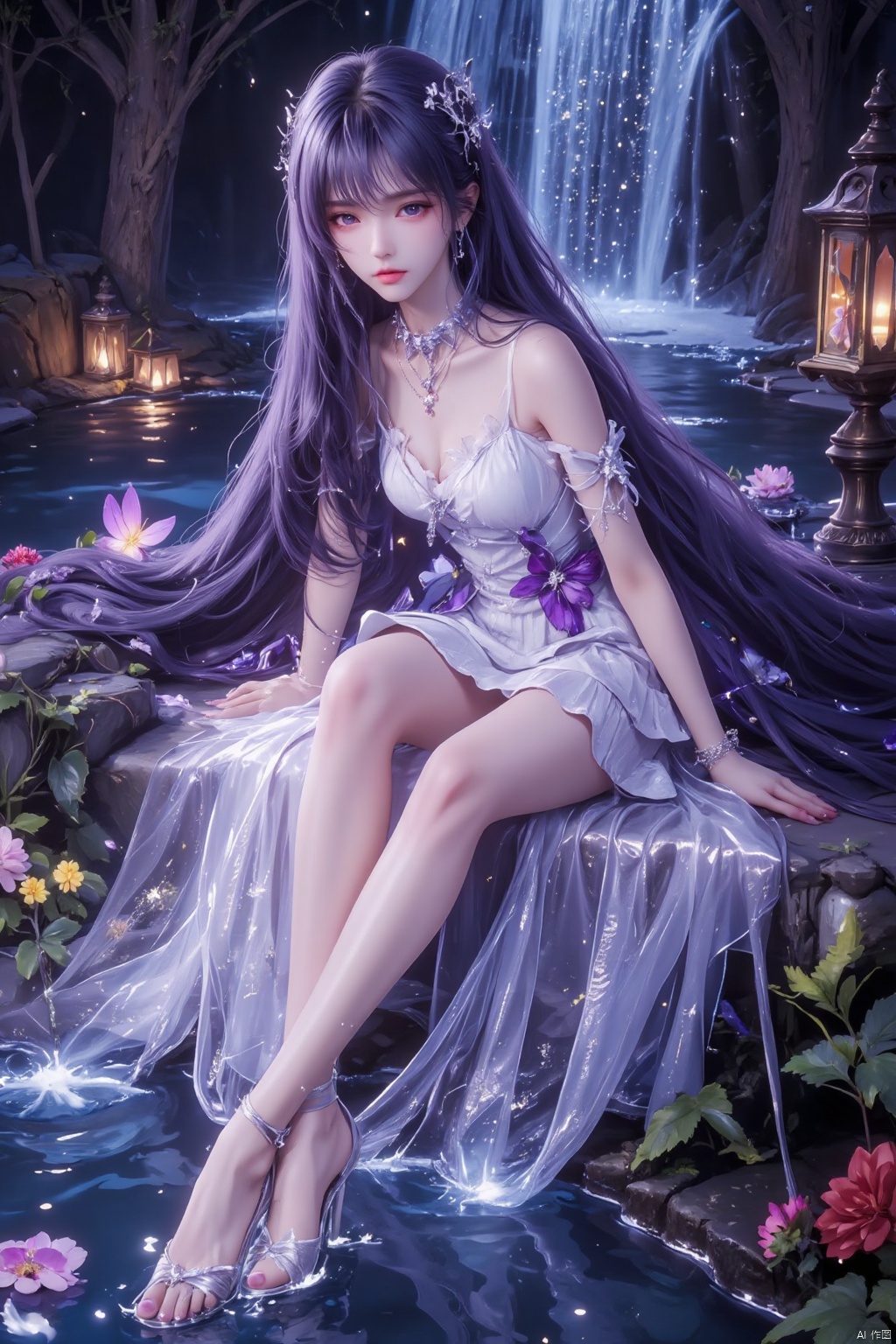 1girl, solo, long hair, looking at viewer, black hair, hair ornament, dress, jewelry, sitting, purple eyes, full body, purple hair, flower, earrings, water, white dress, high heels, bracelet, bare legs, bug, butterfly, lantern, anklet, waterfall