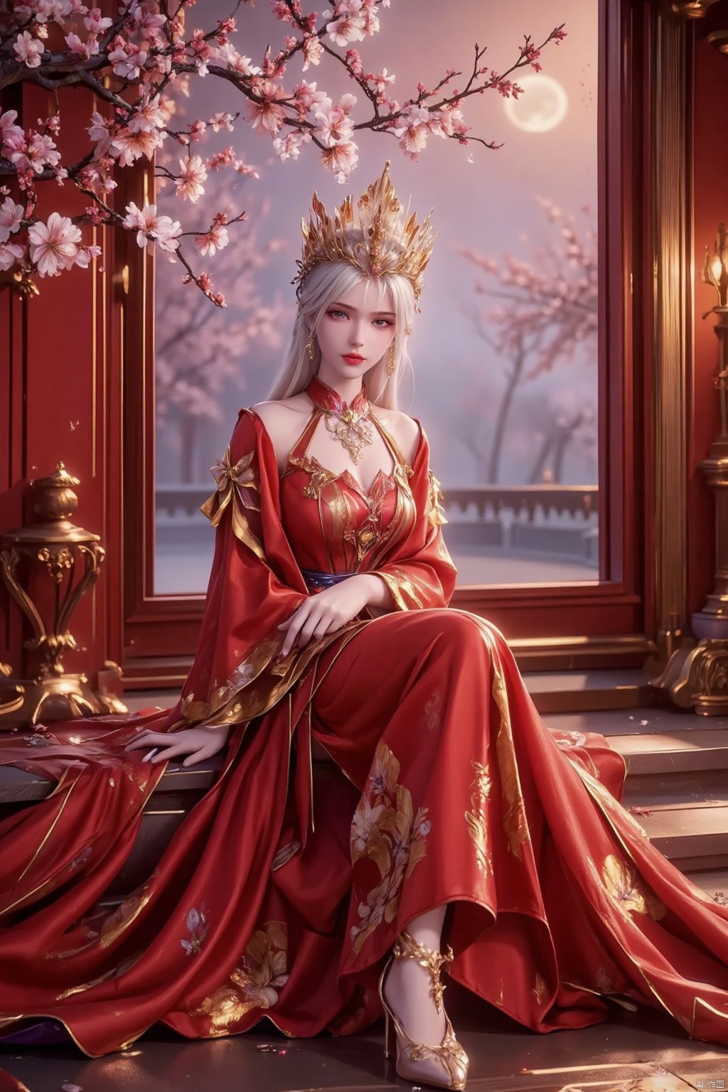 A regal woman, crowned in gleaming gold, sits poised on a step before a crimson window frame, where delicate cherry blossom branches burst forth in shades of pink and white. Her sleek bobbed hair shines under the soft lighting, as piercing blue eyes sparkle beneath a cascade of red silk, embroidered with golden accents that dance across her figure.white hair,
