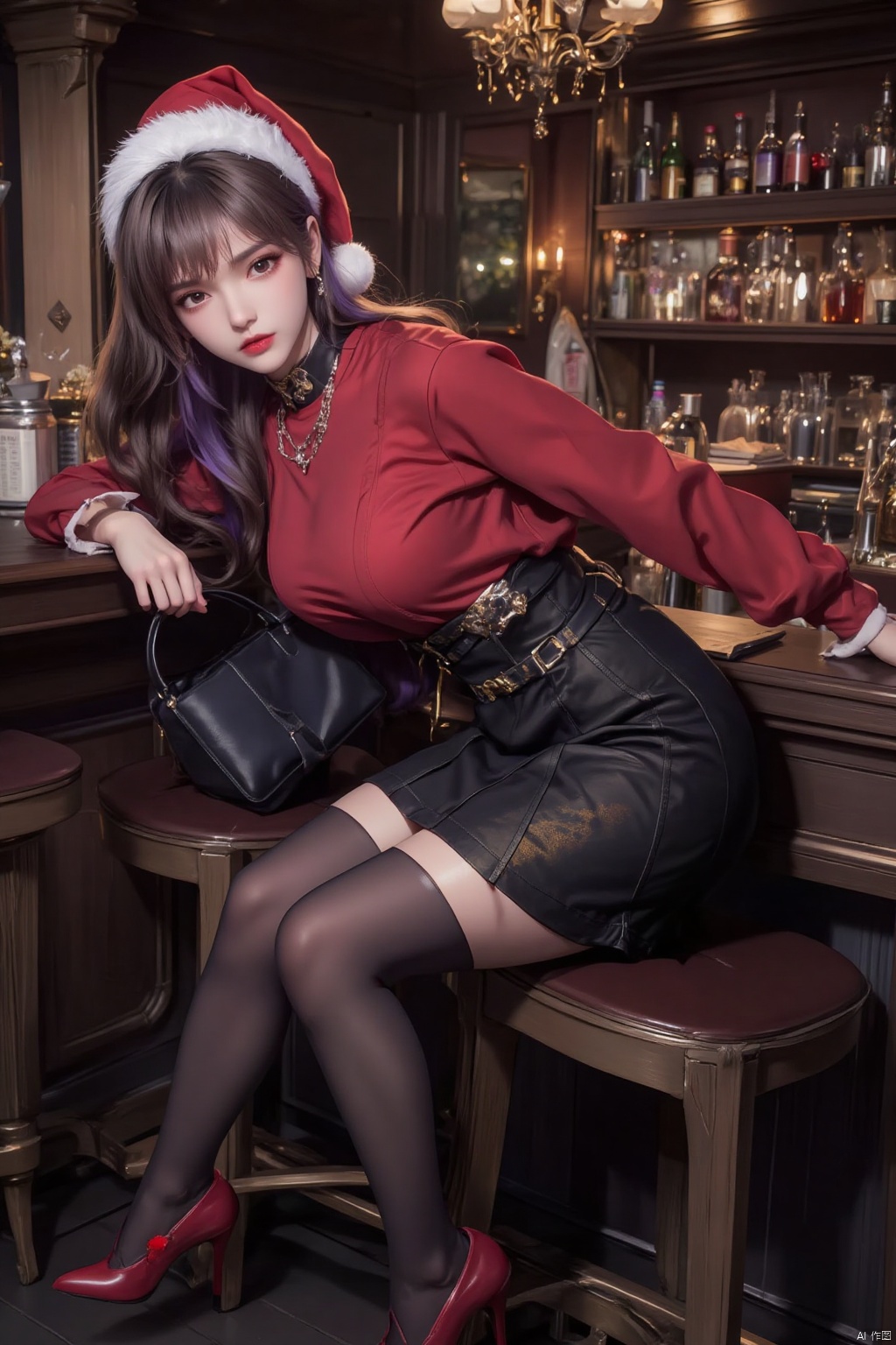 1girl, solo, long hair, breasts, looking at viewer, skirt, brown hair, shirt, long sleeves, hat, brown eyes, jewelry, medium breasts, sitting, full body, earrings, indoors, black skirt, bag, high heels, lips, legs, red footwear, red shirt, red headwear, santa hat, pencil skirt, handbag, realistic, nose, red lips, stool, bar \(place\), counter, bar stool,Black stockings,purple hair