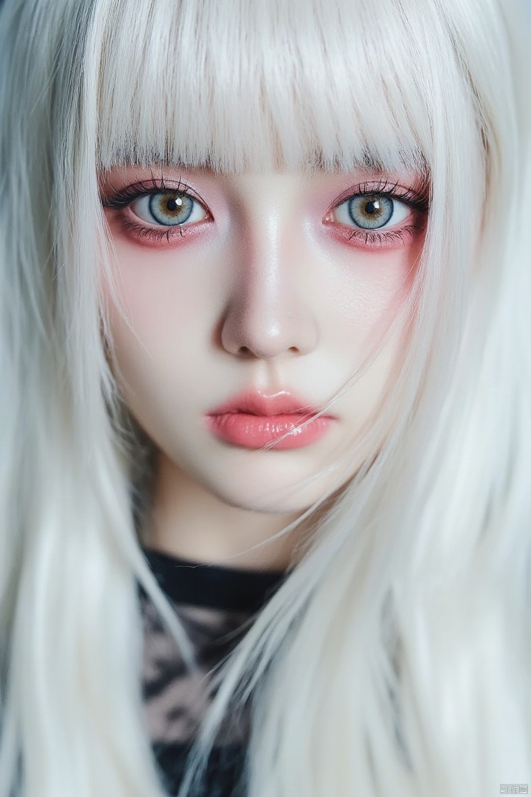 HD photography,Ultra-clear facial details,
This is a high-resolution photograph of a young woman with a striking, gothic-inspired makeup look. She has fair skin and long, straight, platinum blonde hair that cascades over her shoulders. Her eyes are almond-shaped and accentuated with thick, black eyeliner that extends beyond her lashes, giving her a dramatic, wide-eyed appearance. Her eyelashes are long and voluminous, and she wears a light pink eyeshadow that blends into a darker purple shade on her eyelids, creating a gradient effect.,HD photography
