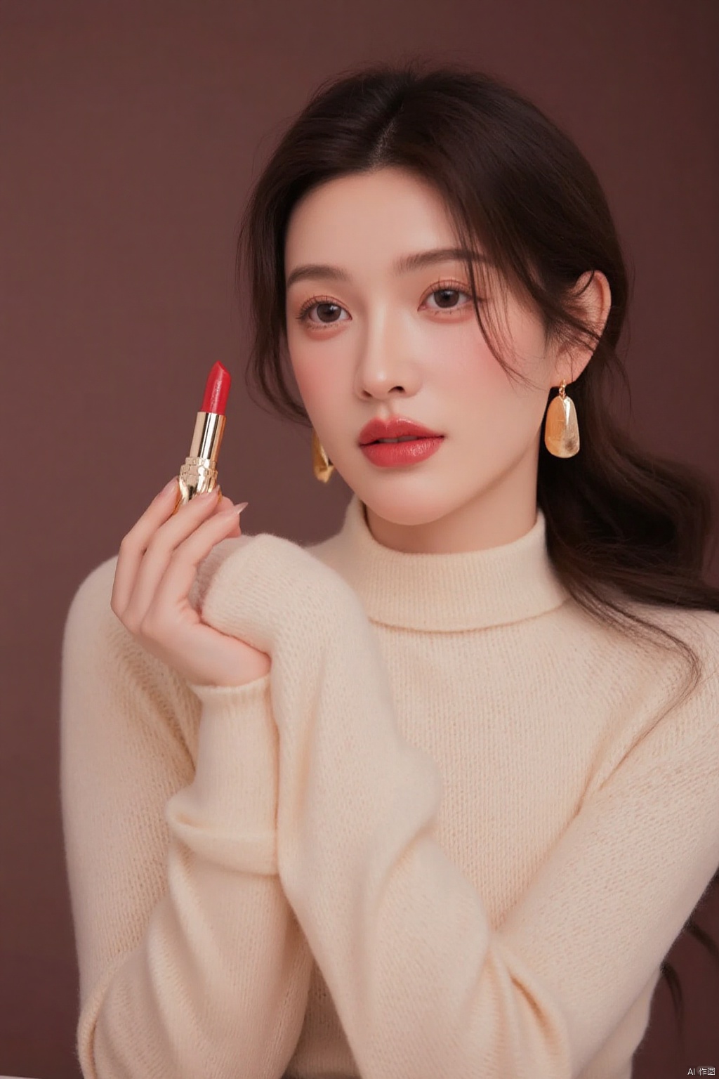 She is dressed in a soft, ivory-colored cashmere sweater that drapes elegantly over her shoulders, paired with dark jeans.
The sweater’s fine texture catches the light, radiating warmth and elegance, subtly enhancing the curves of her upper body.
This close-up focuses on her upper body, capturing her poised and alluring stance.
Her hair falls in loose, soft waves cascading down her back, giving her a relaxed yet chic look, with an air of understated sensuality.
Her head is tilted slightly to the side, her almond-shaped eyes reflecting warmth, yet now with a touch of intrigue and seduction as she offers a gentle, inviting smile.
In her hand, she delicately holds a luxurious, red lipstick encased in a shiny gold tube.
She raises the lipstick close to her parted lips, as if about to apply it, the gesture slow and deliberate, drawing attention to the gleaming gold accents that shimmer under the soft light, highlighting the fine details of the product.
The background is a muted, warm mauve, with a heavy depth of field (DOF) effect, creating a soft, blurred ambiance that frames her elegant figure.
The soft light reflects off the gold of the lipstick, enhancing the intimate and refined atmosphere, perfectly complementing the subtle allure of her expression and pose.
The focus remains on the small lipstick, with her face slightly blurred due to the DOF, further emphasizing her sensual pose and the surrounding muted, intimate setting.
