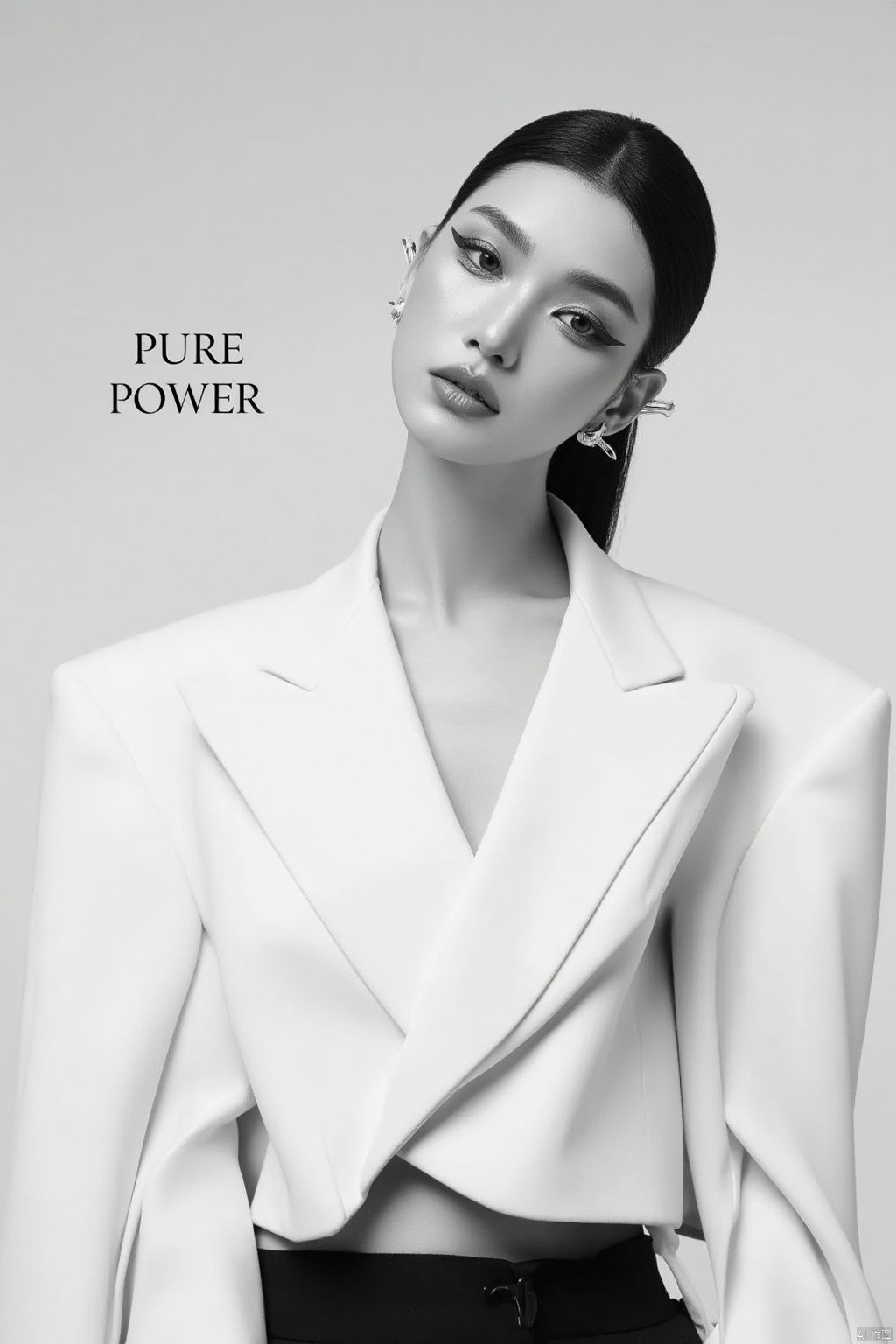 In this look, the model wears a fitted, asymmetrical white blazer with exaggerated shoulders and a minimal black belt around the waist. Her head is tilted to the left, chin slightly raised, creating a subtle yet powerful gaze down at the camera. Her makeup features lips and sharp winged eyeliner, emphasizing her bold features without overshadowing her outfit.

The background text reads “PURE POWER” in sleek, sans-serif font, positioned against a gradient light-gray backdrop that enhances the clean, minimal aesthetic. Her slick, straight hair is tucked behind her ears, revealing small silver hoops. The monochrome palette of the outfit and background creates a sense of purity and strength, embodying modern fashion minimalism.