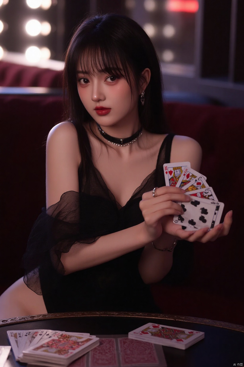 a card dealer in a revealing outfit at the casino table with alluring lighting, 1girl, solo, card dealer, casino, seductive pose, stylish lighting, cards, suggestive expressionkorean girl, black hair, mugglelight, large breasts, perfect body, realistic skin
