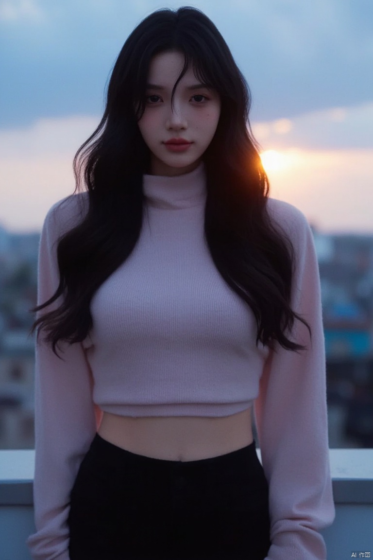 Realistic photograph, Frontal photography, Look front, evening, dark clouds, the setting sun, On the city rooftop, A 20 year large breasts old female, Pink top, Black Leggings,black hair, long hair, dark theme, muted tones, pastel colors, high contrast, (natural skin texture, A dim light, high clarity), ((sky background)), ((Facial highlights)),
