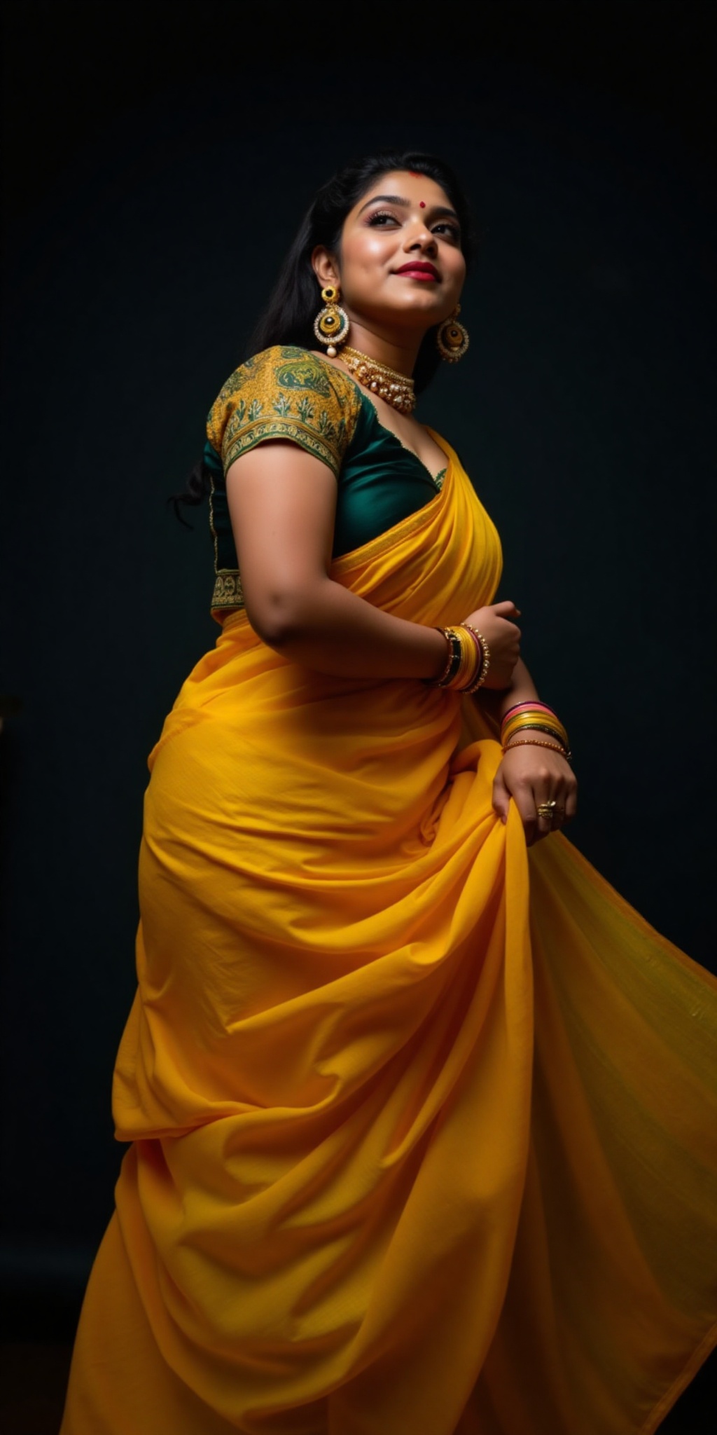 The image shows a person wearing a traditional Indian outfit,  specifically a saree,  which is draped elegantly around the...