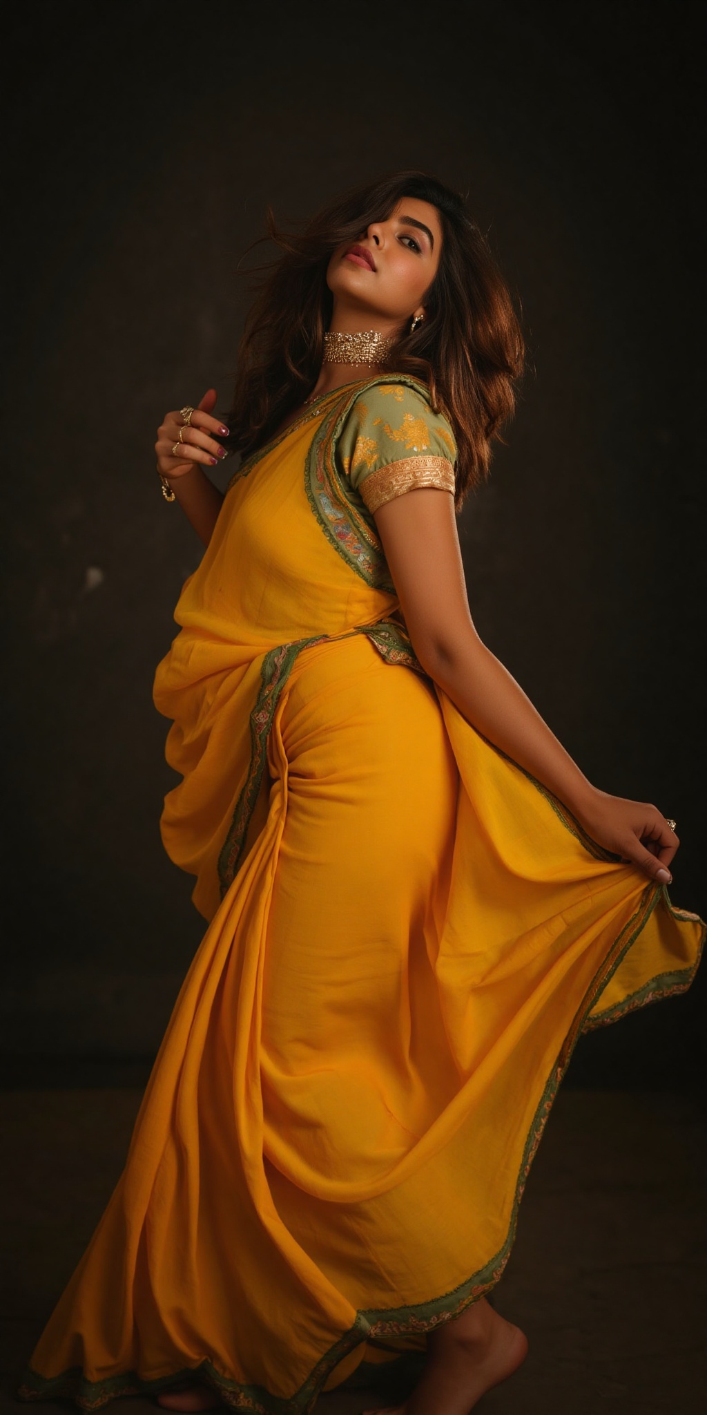 The image shows a person wearing a traditional Indian outfit,  specifically a saree,  which is draped elegantly around the...