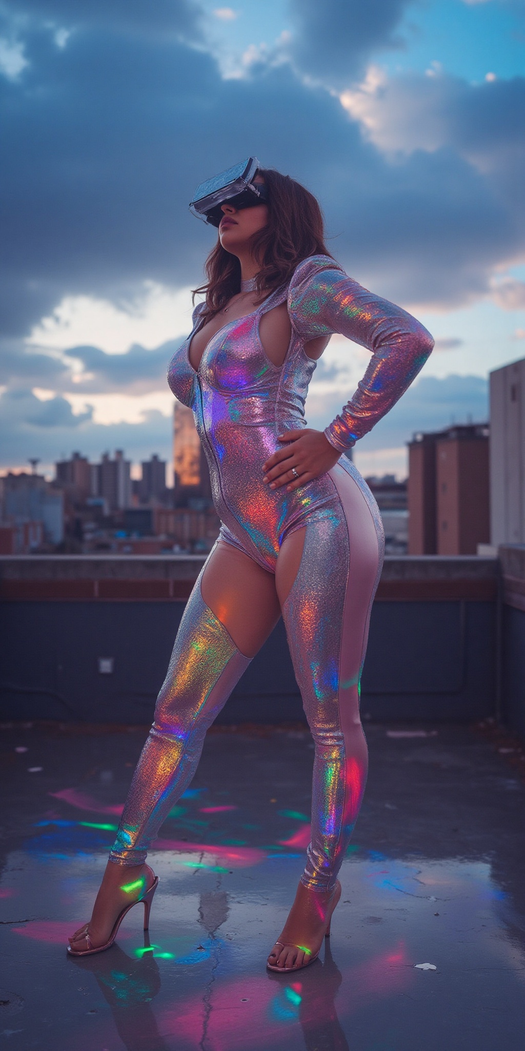 The image depicts a woman wearing a futuristic,  form-fitting outfit that shimmers with various colors,  standing on a roo...