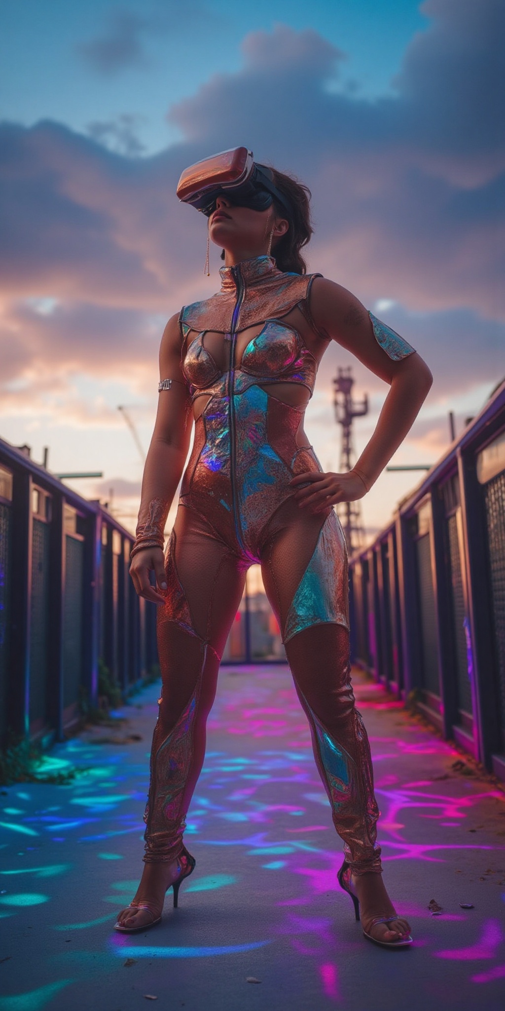 The image depicts a woman wearing a futuristic,  form-fitting outfit that shimmers with various colors,  standing on a roo...