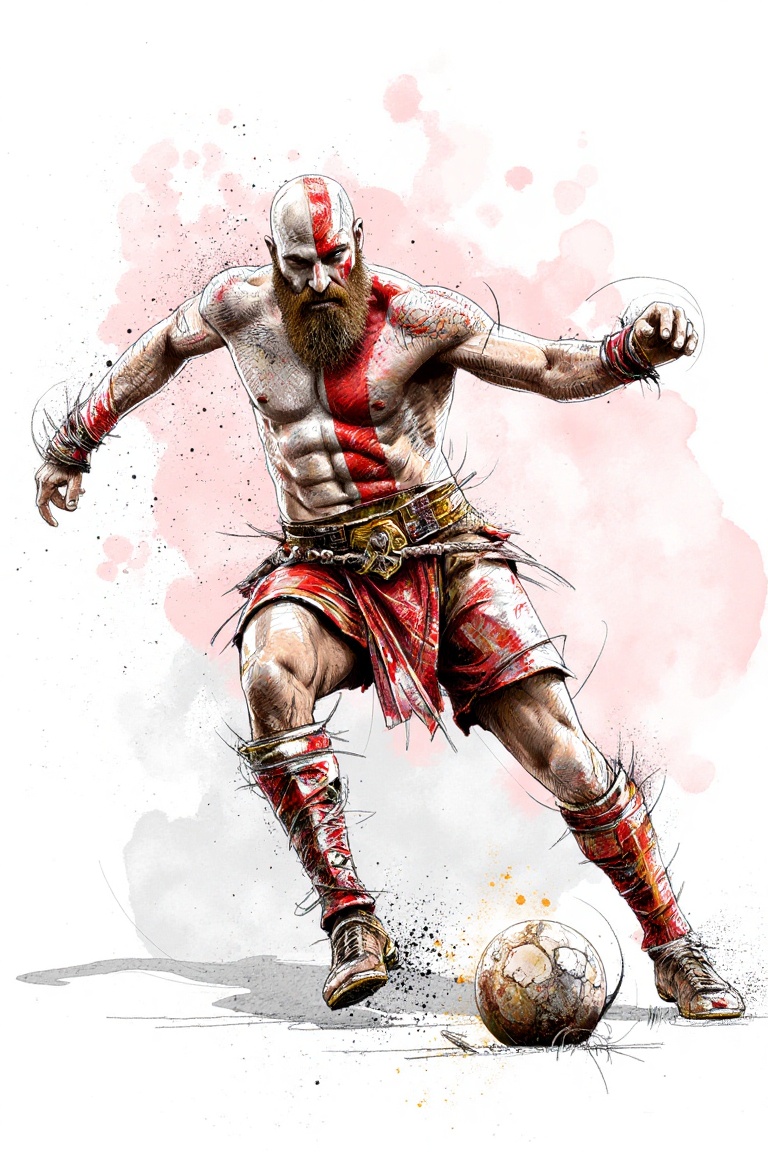 oigres_style,  digital art painting of kratos god of war. he kick the ball. The background is a solid white color.in the s...