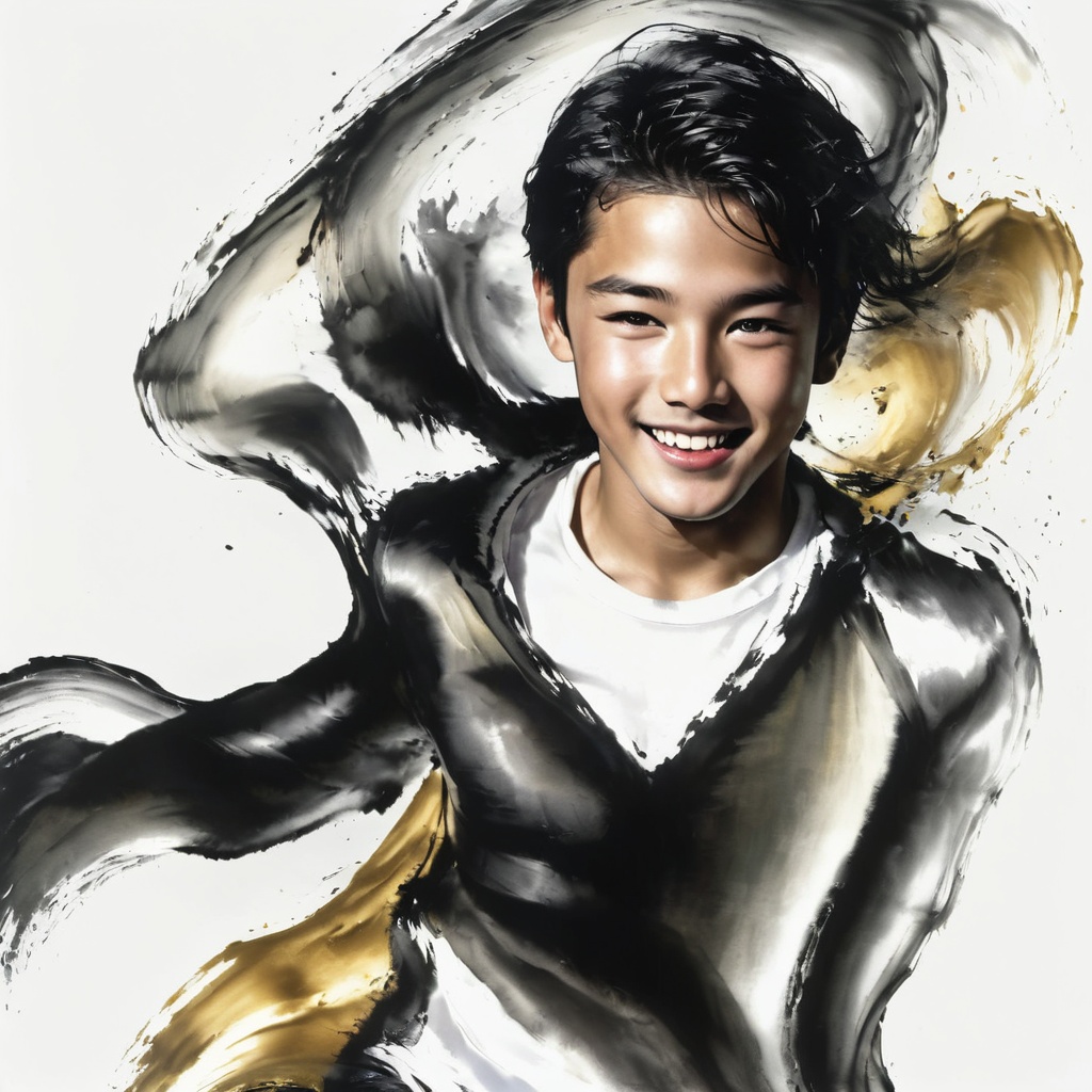 1 danceing boy face is photorealism ,  with (Goden / black) hair and a beautiful smile. ,  Splash Ink on Tensor.Art