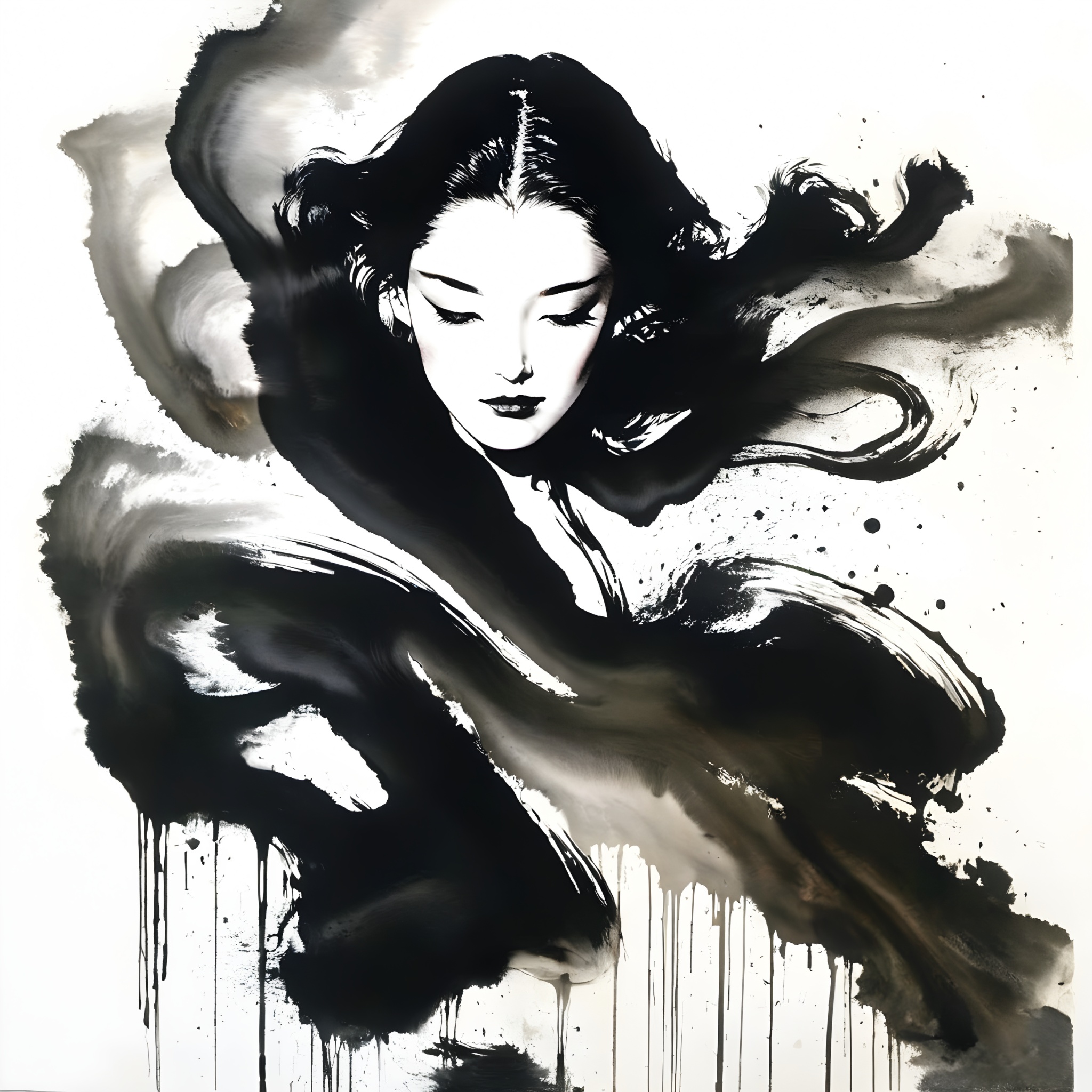 1 girl face is photorealism ,  danceing (( Ink Playing )),  Splash Ink on Tensor.Art