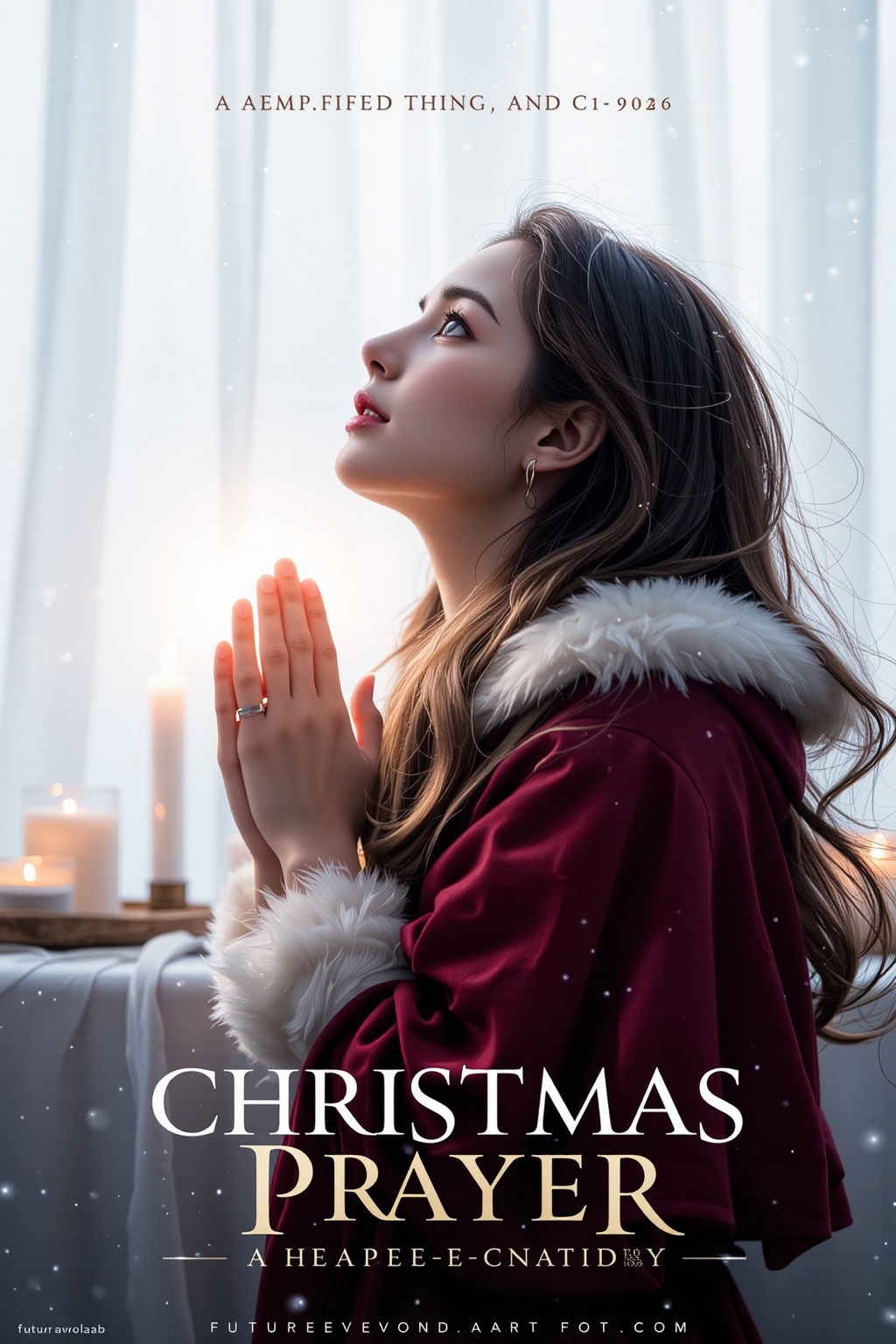The image is a film poster for “Christmas Prayer,  ” a heartfelt holiday movie. It features a minimalist art style,  evoki...