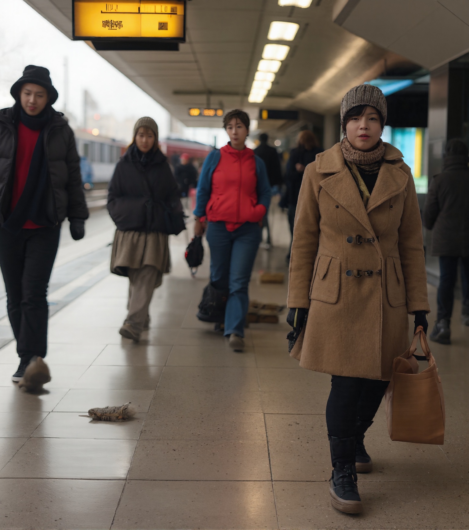 masterpiece, (photorealistic:1.4), 2 cats, walking, realistic, hat, ((holding)), standing, bag, scarf, blurry, coat, no humans, depth of field, blurry background, animal, cat, walking, realistic, beanie, winter clothes, ((UK style clothes)), animal focus, suitcase, clothed animal, falling_snow, at train station,