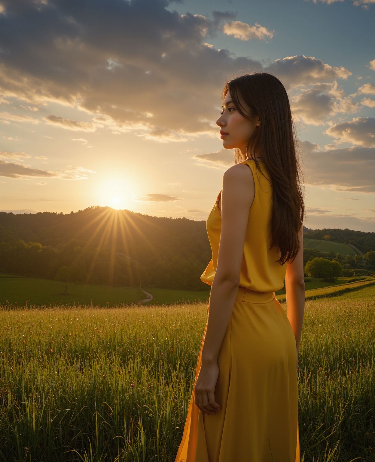 (Realisticity: 1.3), Fine, Quality, Rembrandt Lighting, (Masterpiece: 1.2), (Realisticity: 1.2), (Best Quality), (Skin Details: 1.3), (Intricate Detail), Dramatic, Idyllic, Ray Tracing, 1girl, Chinese Yellow Girl, Long Black Hair, 2, Modern Clothing (Meadow, Sun, Clouds, Fields, Farms, Starlight, Trails)
