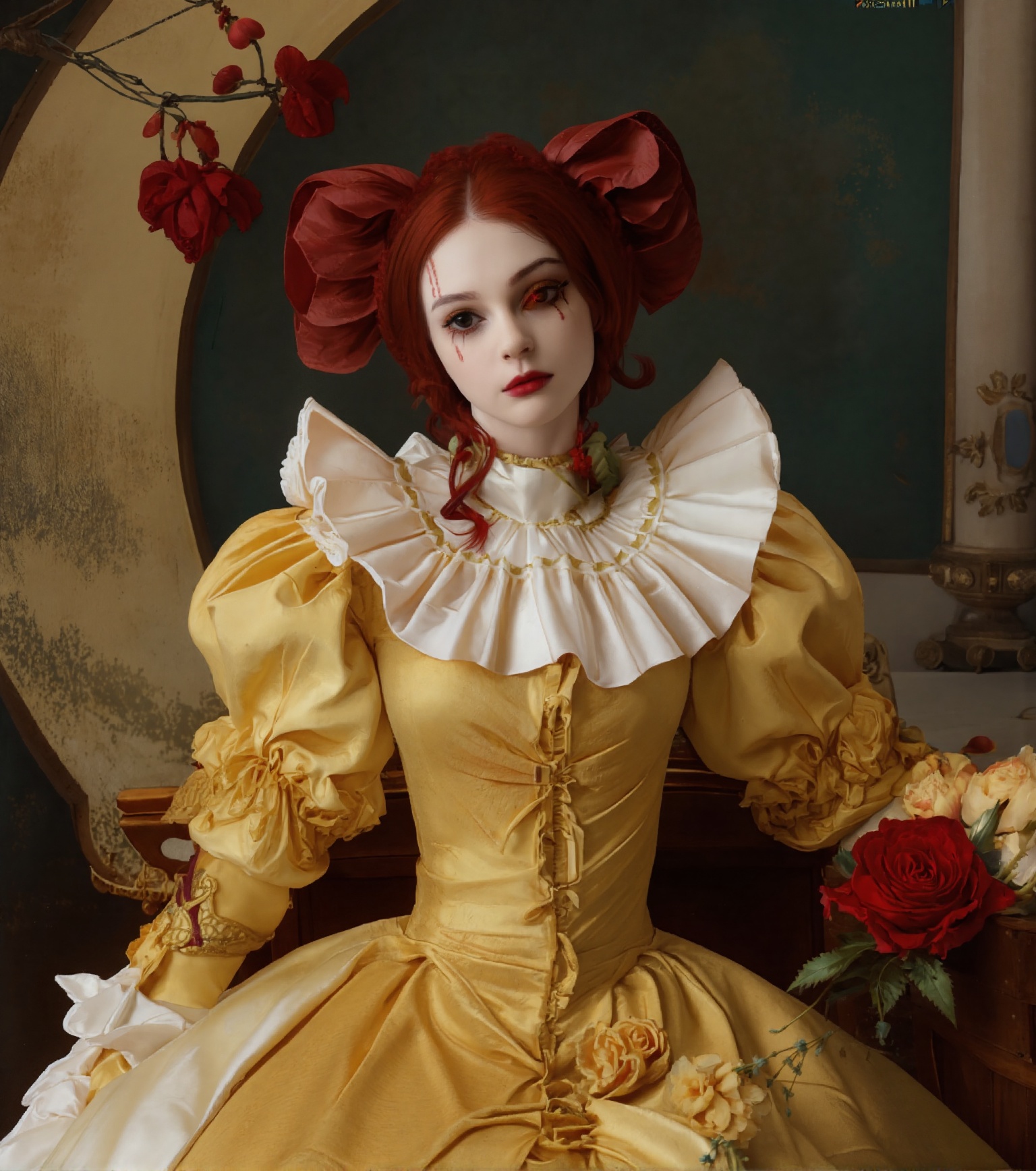 beautiful French girl Pierrot hanging a rose; sitting on a crescent moon, sweet and cinematic expression, dynamic poses, large white ruffle collar, french pierrot makeup and a single black teardrop drawn below the eye, hyperdetailed, mirano fujita style, 4K 64 megapixels 8K resolution HDR, shiny, Epic Masterpiece, sci-fi_futuristic_shroompunk,flat chested,1girl