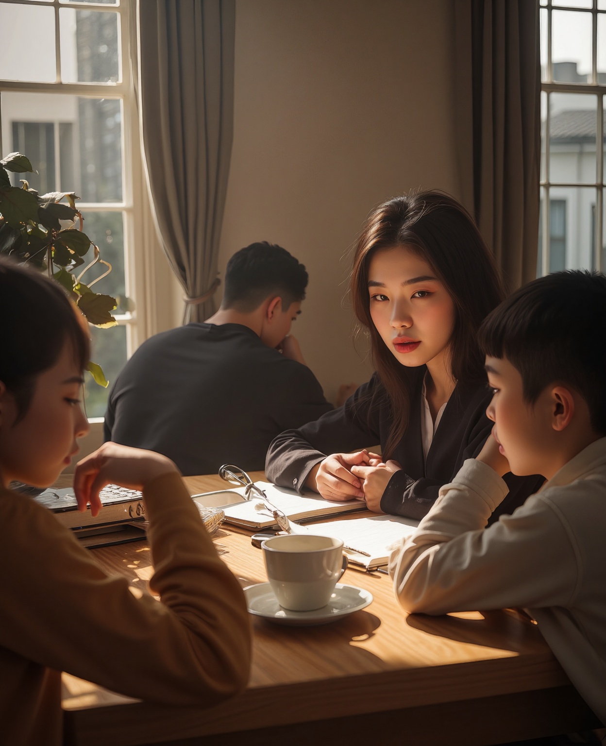 (End of college entrance examination + family + warmth + freeze-frame moment) + lighting rendering + (sophisticated skills...