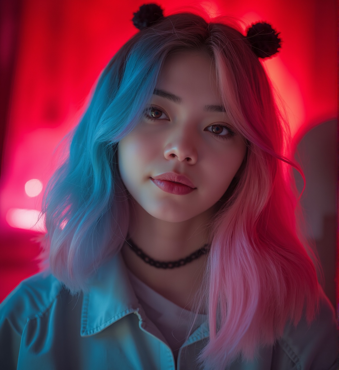 a close up of a kfukvf-1990,  smiling,  with blue and pink hair on Tensor.Art