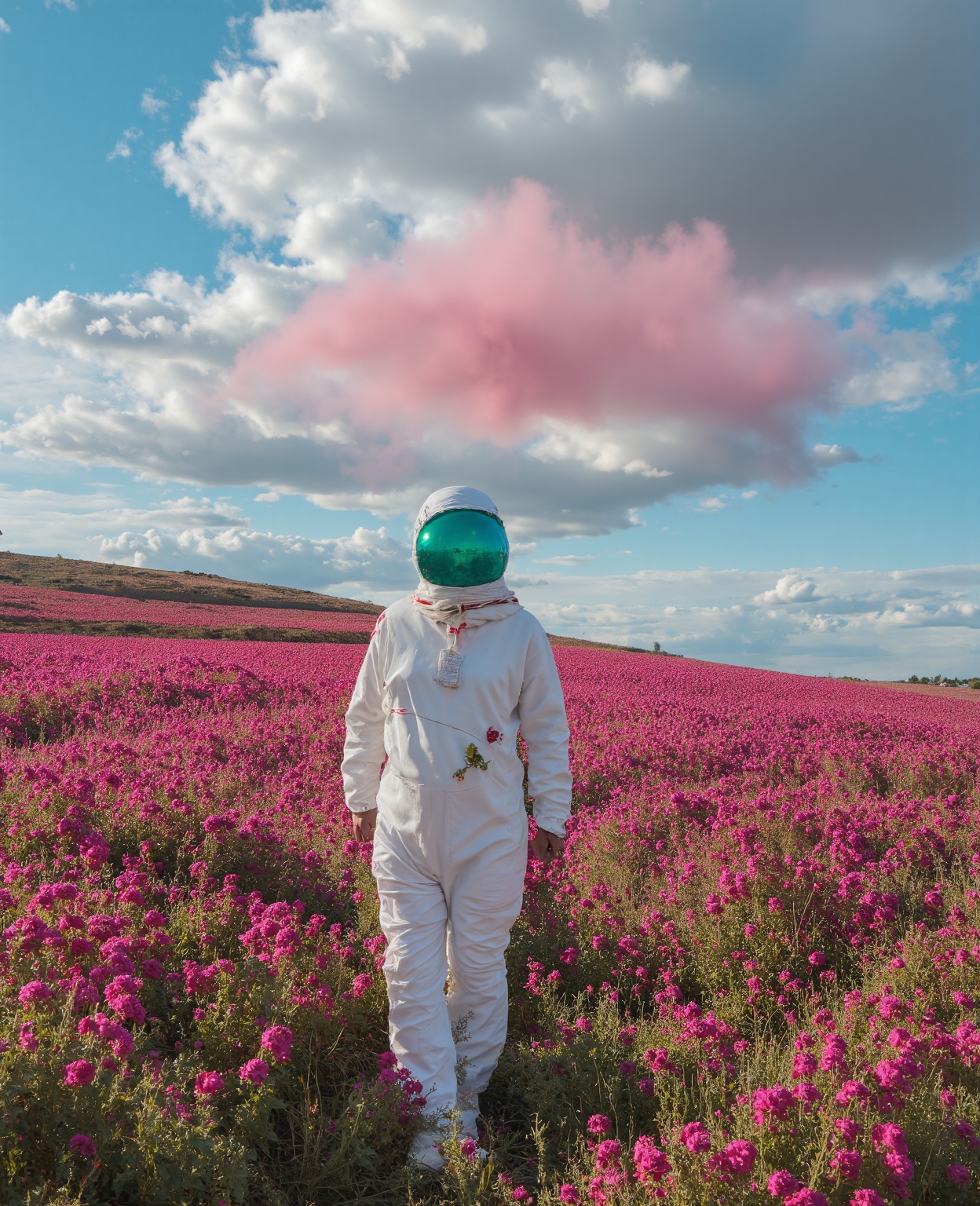 he astronaut walks in the sea of flowers dotted with pink clouds,  The astronaut who is alone,  The astronaut cannot leave...