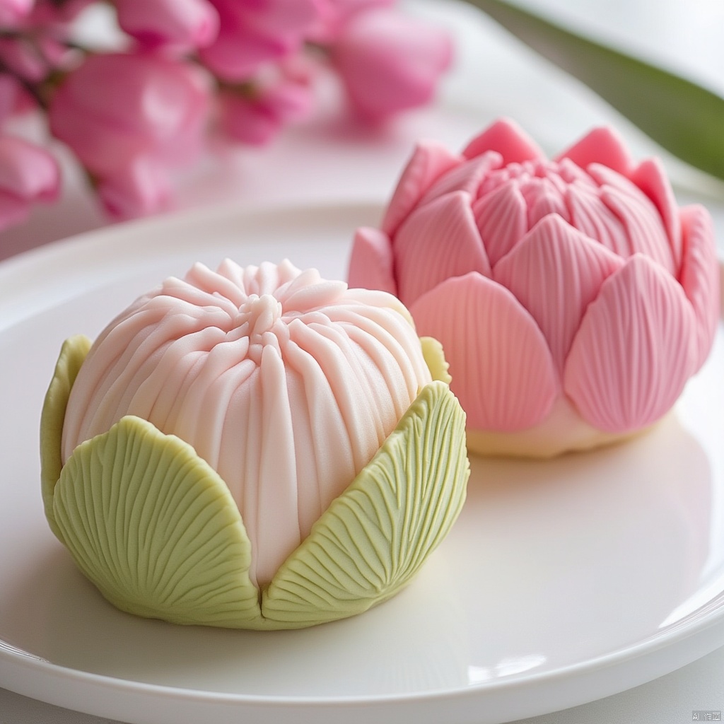 Two carefully crafted buttercream cakes, each with a unique shape and color, are arranged in an artistic and sophisticated manner on a white plate. The pastries feature a tulip flower design, with finely sculpted surface details showcasing intricate textures and gradients, especially in the petals and veins. The background flowers exude a tranquil elegance. Soft natural lighting highlights the exquisite details, creating a realistic rendering with high resolution and delicate colors. The composition is vibrant and harmonious, emphasizing artistry and appealing appearance. Shot in close-up, the scene captures the mouth-watering, rich details of the cakes, presented in HD quality with subtle textures and a natural appearance.