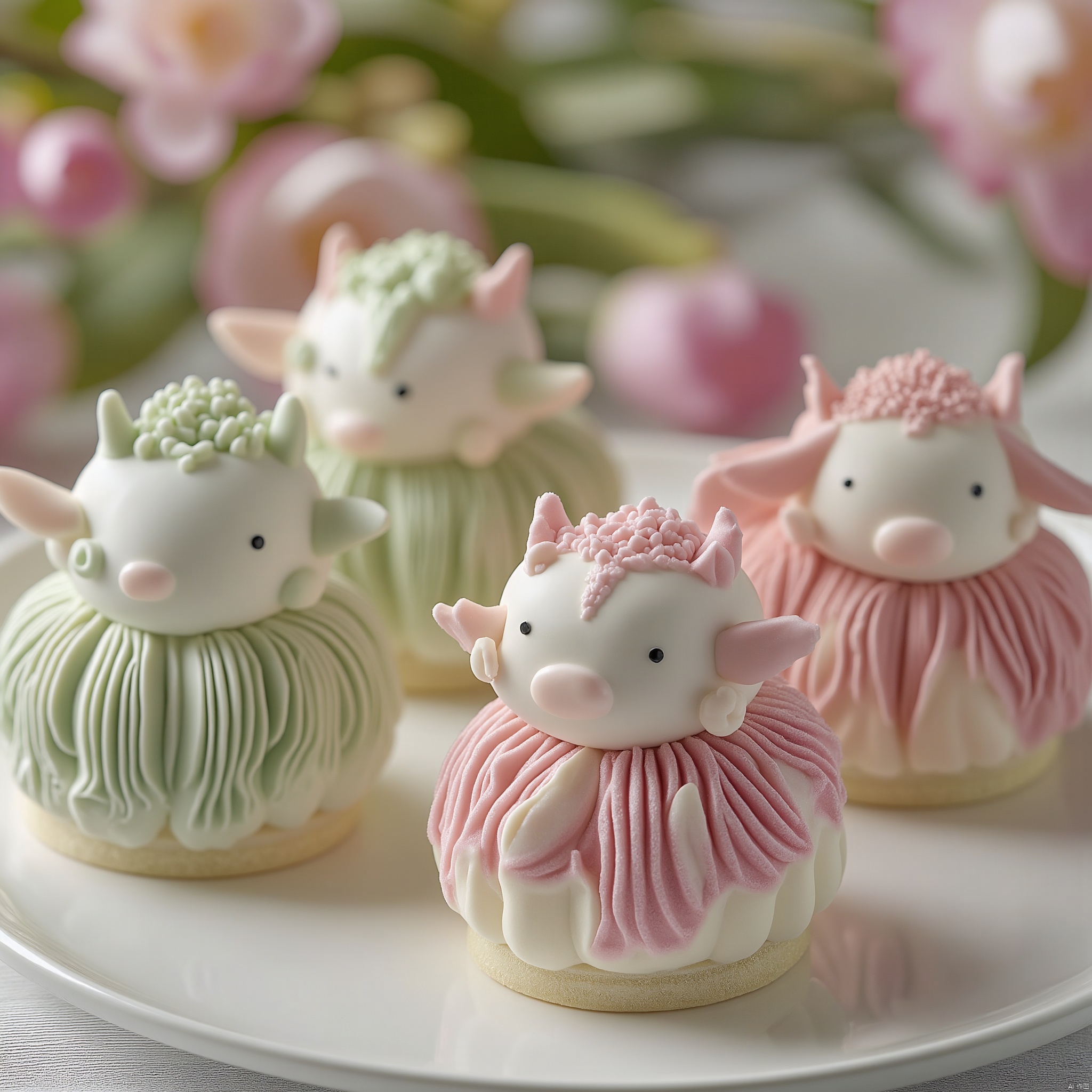 On a white plate, two elaborate cream cakes are arranged in an artistic and exquisite presentation. Each pastry has a unique shape and color, with one featuring an elaborate ox-shaped design in black and white. The surface details of each pastry are carefully carved to show intricate textures and gradients, especially in the head and body. The fragrance of flowers in the background exudes a tranquil and elegant atmosphere. Soft natural light highlights the exquisite details, creating a realistic rendering with high resolution and delicate colors. The vibrant and harmonious composition emphasizes artistry and attractive appearance, blending Asian dessert art with commercial photography in 32K UHD quality. The subtle textures and vivid colors capture the mouth-watering, rich details in close-up gourmet photography, showcasing the natural appearance and surrealism of the scene.