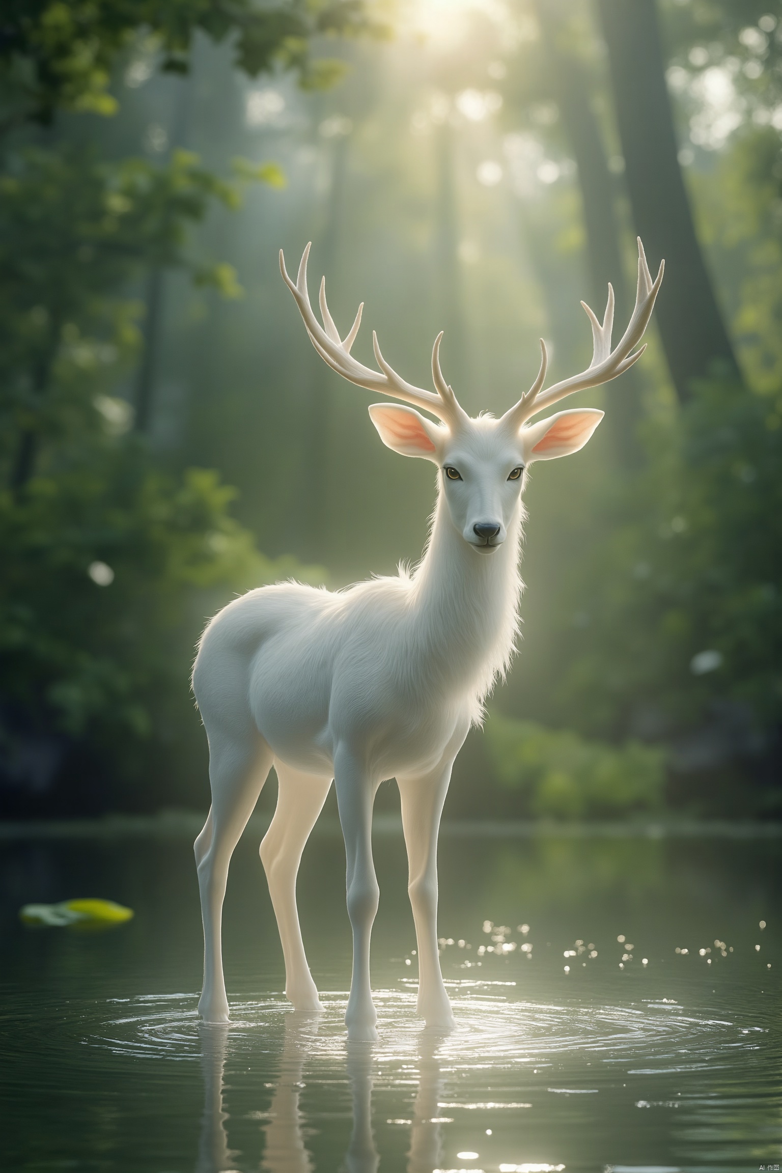 An elegant white deer stands gracefully in water, depicted in a fine ancient Chinese brushwork style reminiscent of Chen Jialing, blending seamlessly with a dark fantasy theme. Sunbeams pierce through dense foliage, creating God rays that illuminate the scene. The deer appears transparent and ethereal, with visible contours and water ripples around its hooves. Bioluminescent organisms add an organic glow, enhancing the wide panoramic view and grand composition. High-definition texture details and vibrant colors showcase exquisite details, with high contrast lighting and a soft glow on the subject. The lush green forest environment exudes a tranquil atmosphere. The photo-realistic rendering, with depth of field control, focuses on the subject's details and the background environment, capturing the rich details and natural look in 32k UHD quality.