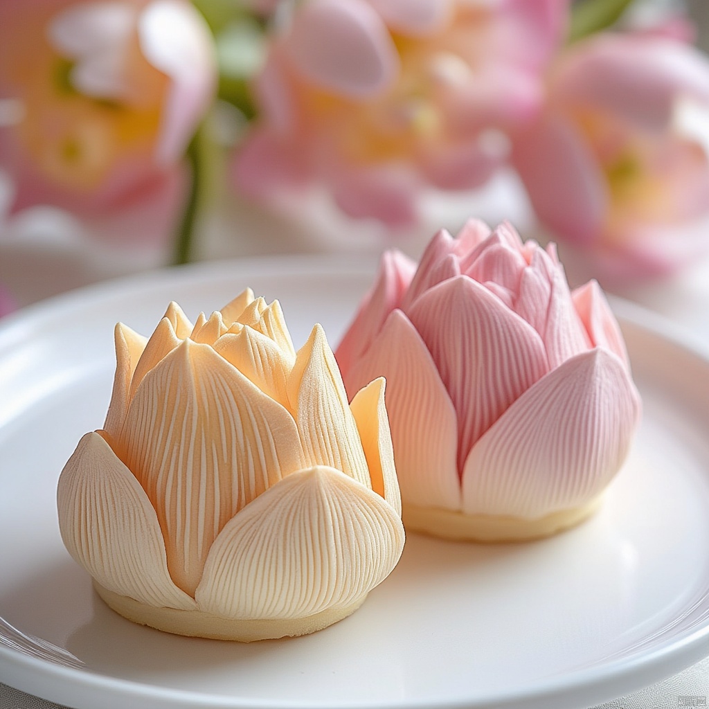 Two carefully crafted buttercream cakes, each with a unique shape and color, are arranged in an artistic and sophisticated manner on a white plate. The pastries feature a tulip flower design, with finely sculpted surface details showcasing intricate textures and gradients, especially in the petals and veins. The background flowers exude a tranquil elegance. Soft natural lighting highlights the exquisite details, creating a realistic rendering with high resolution and delicate colors. The composition is vibrant and harmonious, emphasizing artistry and appealing appearance. Shot in close-up, the scene captures the mouth-watering, rich details of the cakes, presented in HD quality with subtle textures and a natural appearance.