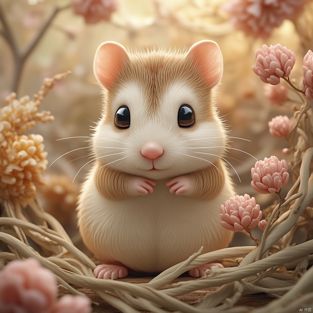 A cute little hamster sits adorably amidst layered fibers, blending the whimsical style of James C. Christensen with the intricate details of Andrzej Sykut. The scene is framed in a close-up, capturing the hamster's expressive face and the soft, textured fibers around it. Soft, natural lighting enhances the warm tones and intricate patterns of the fibers, creating a harmonious and inviting composition. The high-resolution rendering showcases the delicate fur and the layered textures, emphasizing the charm and realism of the scene.