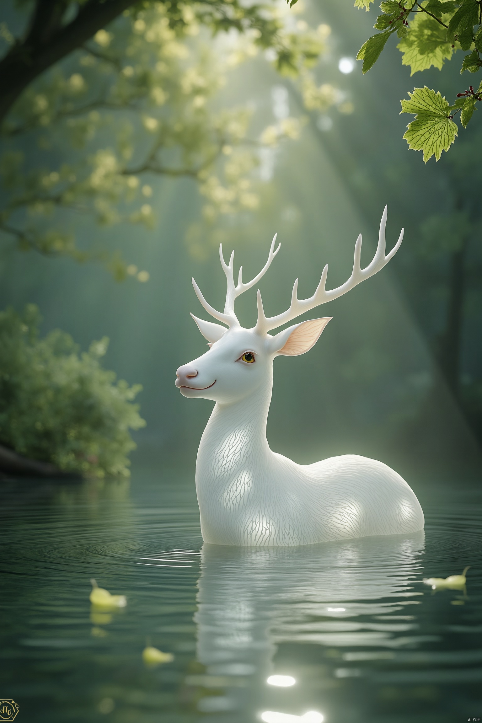An elegant white deer stands gracefully in water, depicted in a fine ancient Chinese brushwork style reminiscent of Chen Jialing, blending seamlessly with a dark fantasy theme. Sunbeams pierce through dense foliage, creating God rays that illuminate the scene. The deer appears transparent and ethereal, with visible contours and water ripples around its hooves. Bioluminescent organisms add an organic glow, enhancing the wide panoramic view and grand composition. High-definition texture details and vibrant colors showcase exquisite details, with high contrast lighting and a soft glow on the subject. The lush green forest environment exudes a tranquil atmosphere. The photo-realistic rendering, with depth of field control, focuses on the subject's details and the background environment, capturing the rich details and natural look in 32k UHD quality.