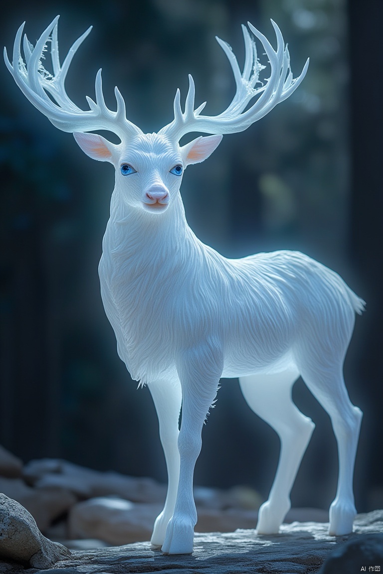 An 8K ultra-high-definition image of a luminous art piece featuring a celestial scene with a long, slender, and snow-white deer with clear, bright blue eyes that radiate deep wisdom. The deer's head is adorned with a pair of symmetrical, intricately carved antlers, each inscribed with ancient runes that glow mysteriously. Its strong, cloud-like hooves and fluffy, long tail exude a sacred aura with every graceful movement. The deer's overall appearance is both elegant and dignified, conveying a sense of transcendence. The realistic, photographic rendering is set against a forest background, enhancing the mystical and serene atmosphere.