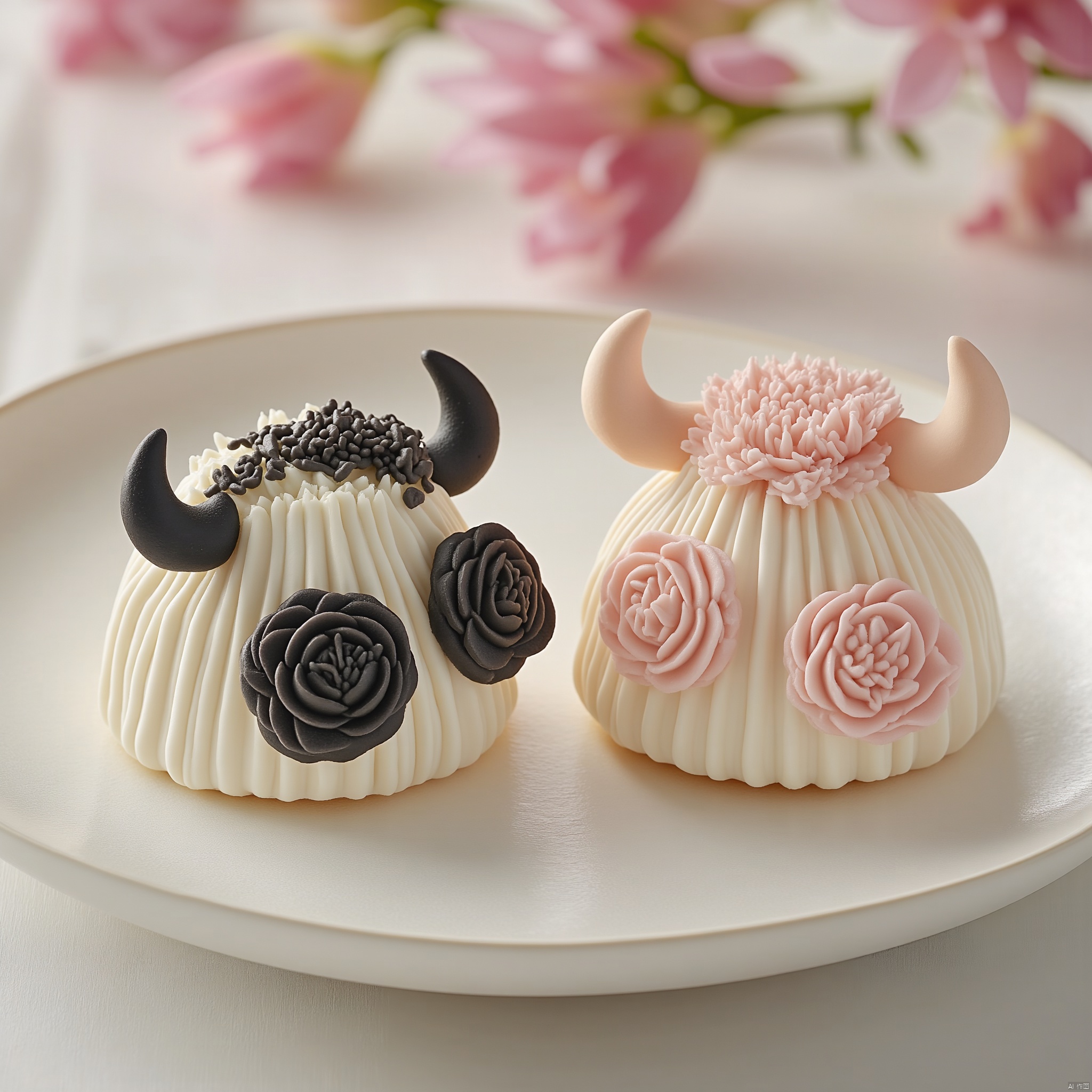 On a white plate, two elaborate cream cakes are arranged in an artistic and exquisite presentation. Each pastry has a unique shape and color, with one featuring an elaborate ox-shaped design in black and white. The surface details of each pastry are carefully carved to show intricate textures and gradients, especially in the head and body. The fragrance of flowers in the background exudes a tranquil and elegant atmosphere. Soft natural light highlights the exquisite details, creating a realistic rendering with high resolution and delicate colors. The vibrant and harmonious composition emphasizes artistry and attractive appearance, blending Asian dessert art with commercial photography in 32K UHD quality. The subtle textures and vivid colors capture the mouth-watering, rich details in close-up gourmet photography, showcasing the natural appearance and surrealism of the scene.