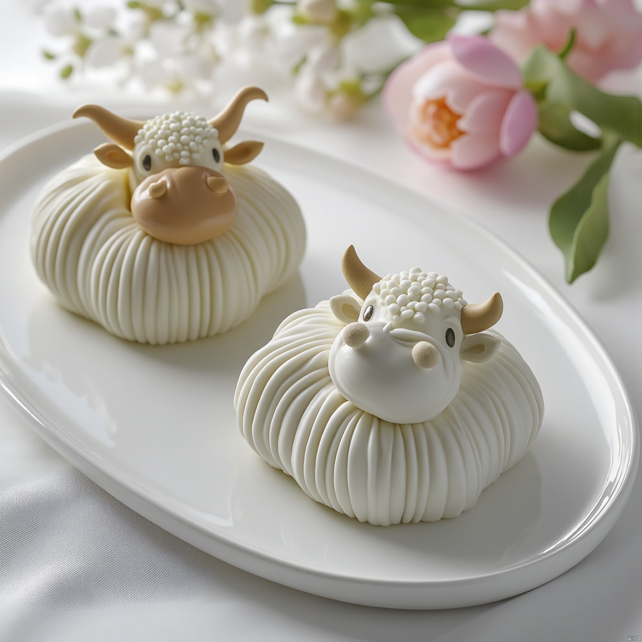 On a white plate, two elaborate cream cakes are arranged in an artistic and exquisite presentation. Each pastry has a unique shape and color, with one featuring an elaborate ox-shaped design in black and white. The surface details of each pastry are carefully carved to show intricate textures and gradients, especially in the head and body. The fragrance of flowers in the background exudes a tranquil and elegant atmosphere. Soft natural light highlights the exquisite details, creating a realistic rendering with high resolution and delicate colors. The vibrant and harmonious composition emphasizes artistry and attractive appearance, blending Asian dessert art with commercial photography in 32K UHD quality. The subtle textures and vivid colors capture the mouth-watering, rich details in close-up gourmet photography, showcasing the natural appearance and surrealism of the scene.